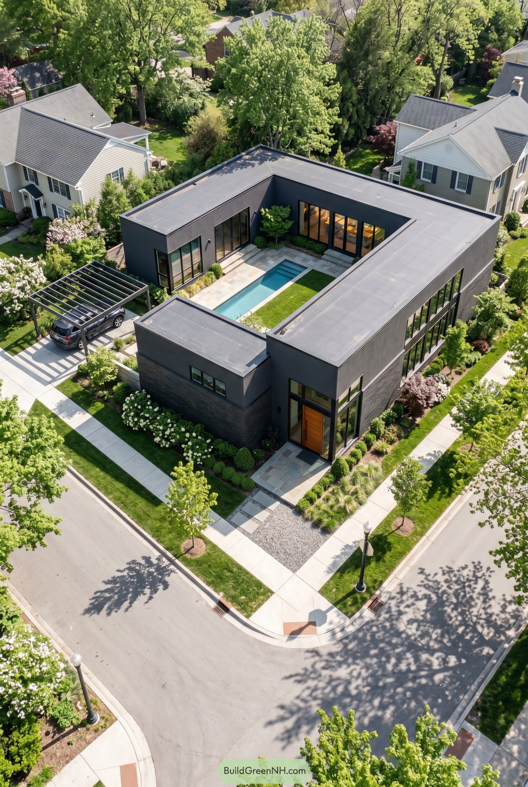 Charcoal courtyard home with central lap pool