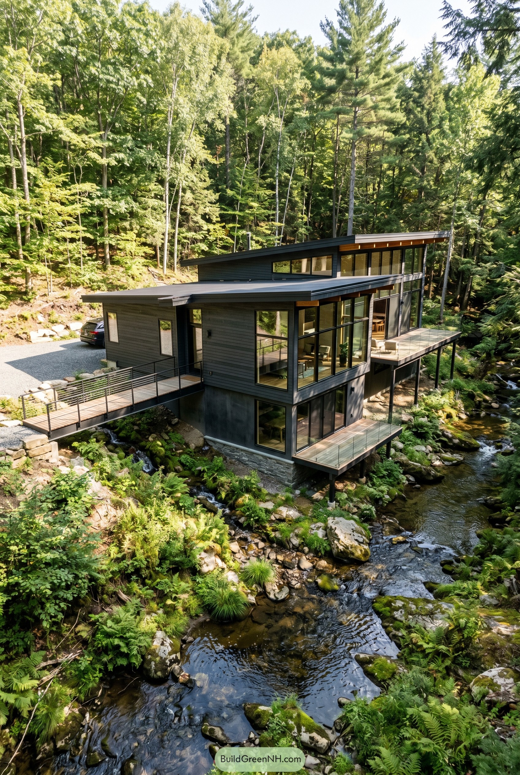 Charcoal modern house above a forest stream