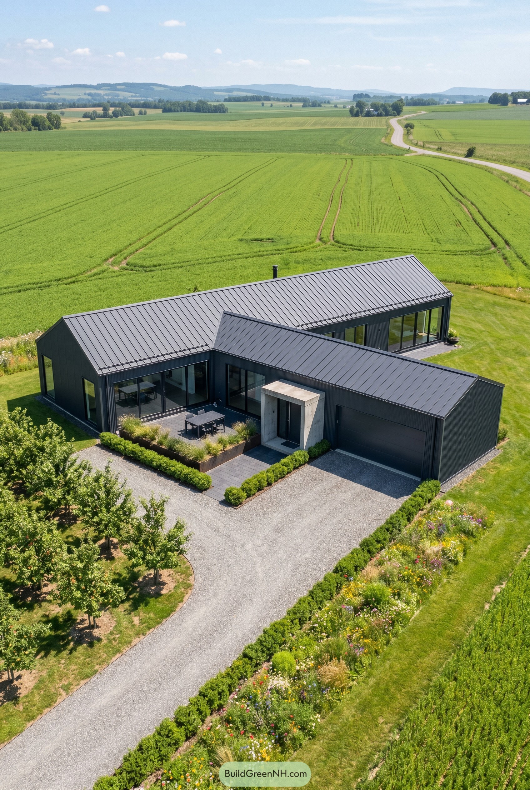 Charcoal gabled house beside open fields