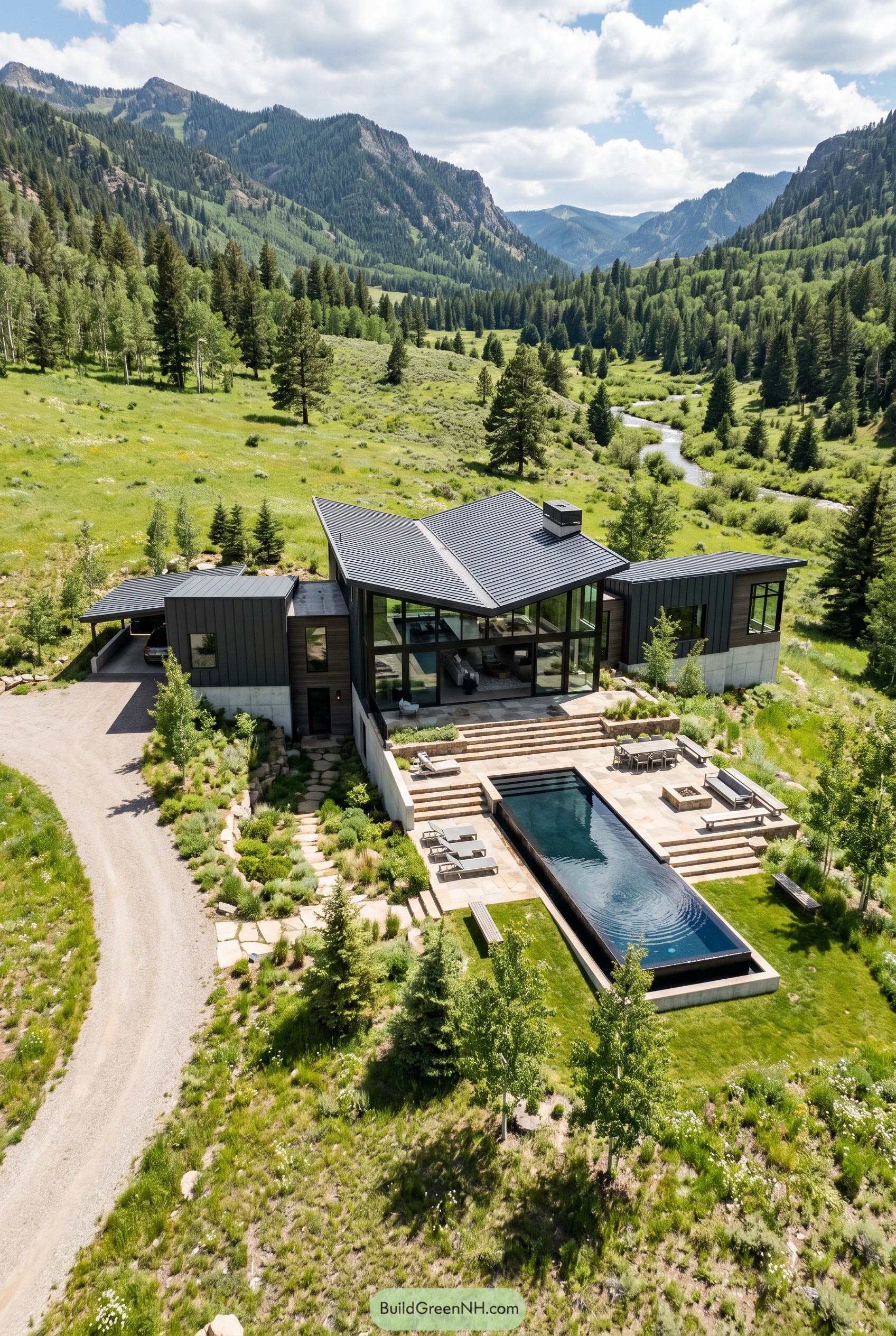 Charcoal mountain house with long pool