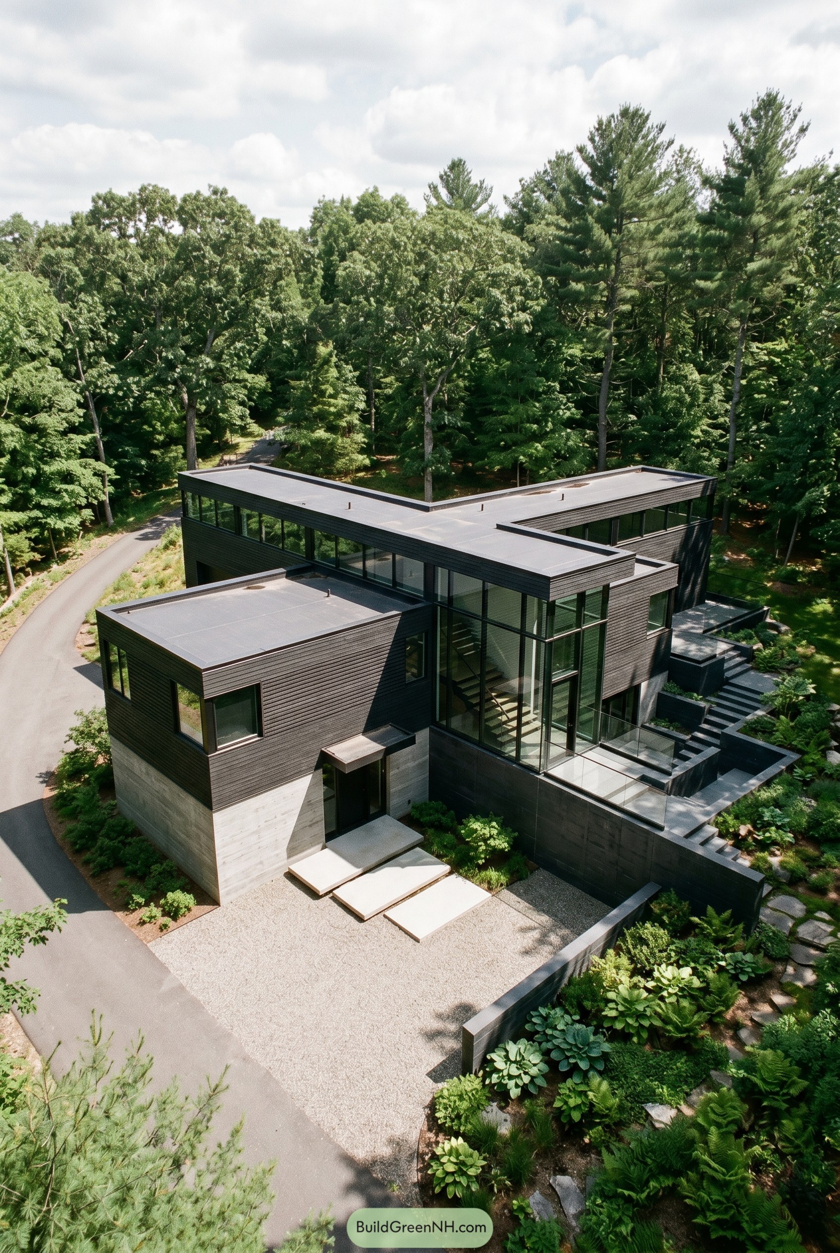 Charcoal modern house with flat roofs and glass stair tower in the woods