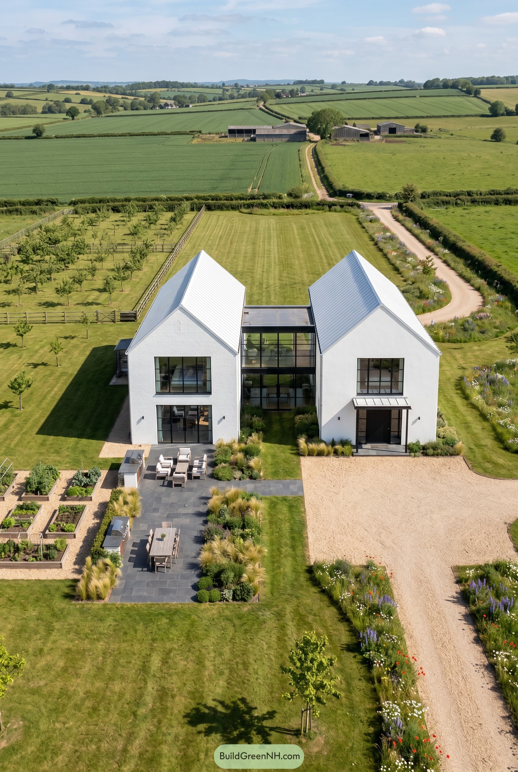 White twin gabled house in farmland