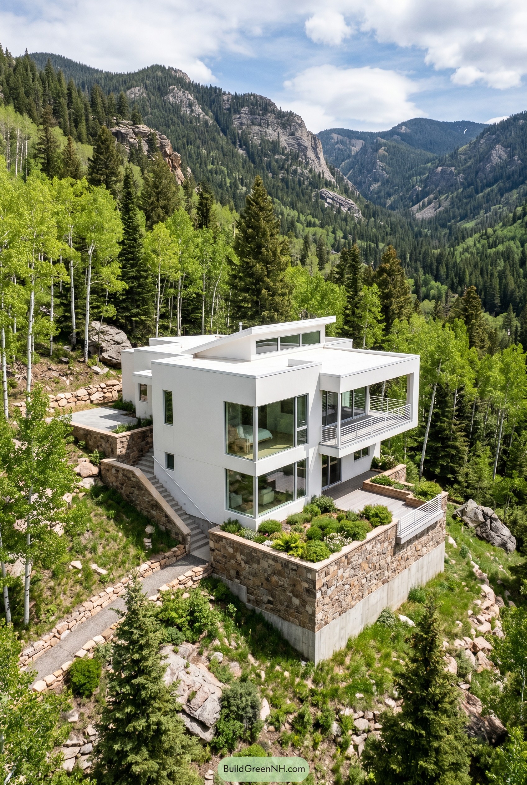 Modern white hillside home with mountain views