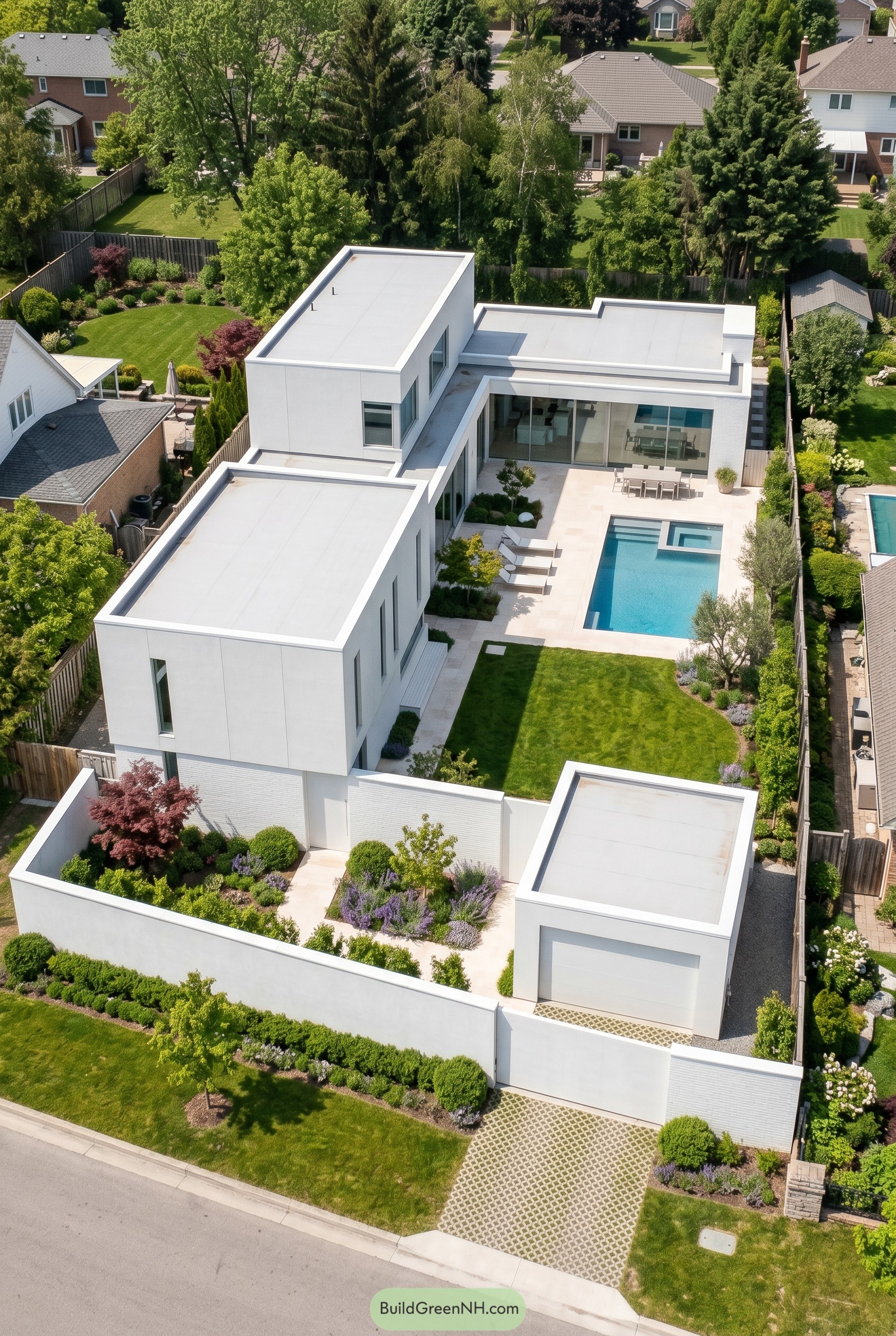 Aerial view of white modern home with pool