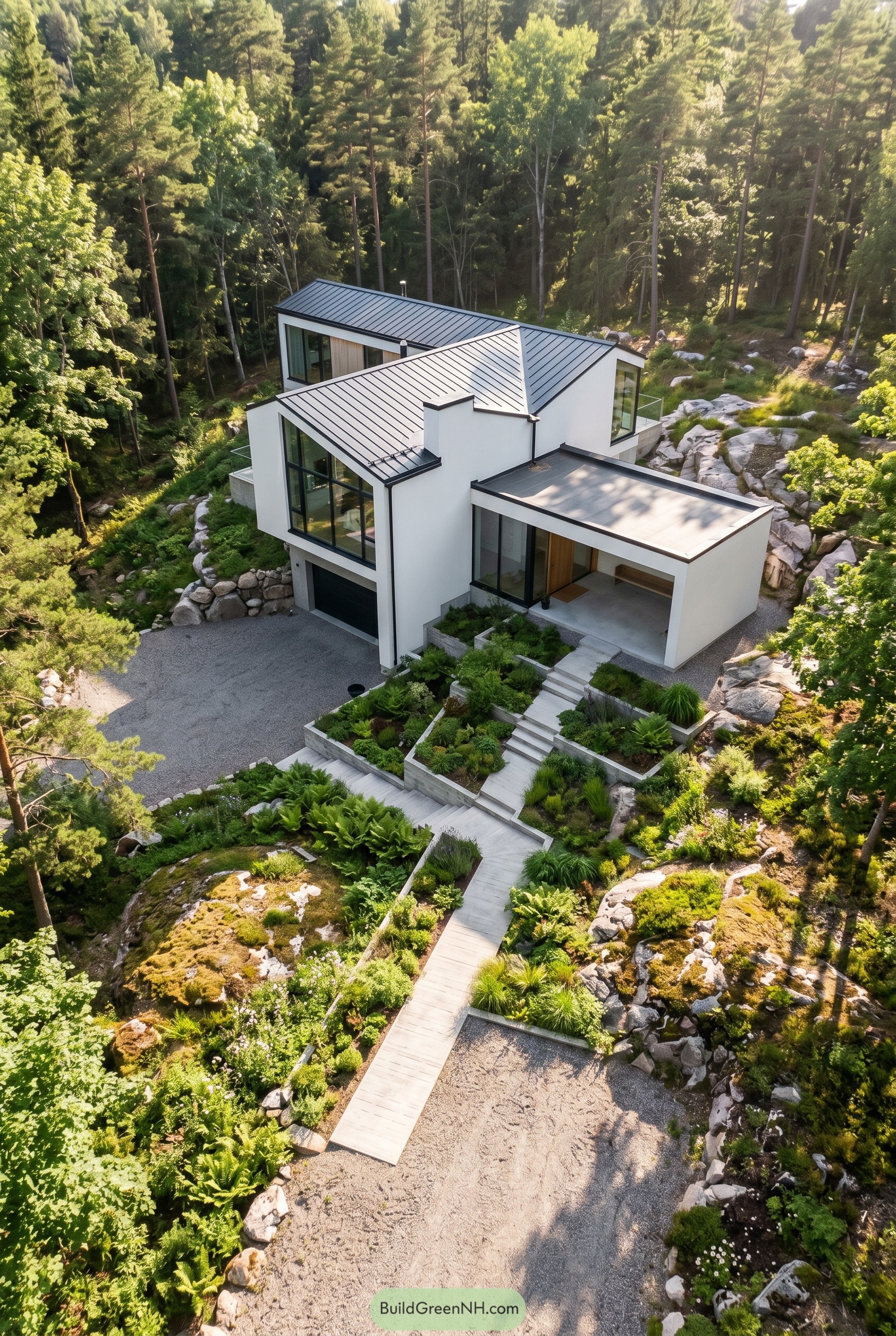 White modern house on rocky forest slope