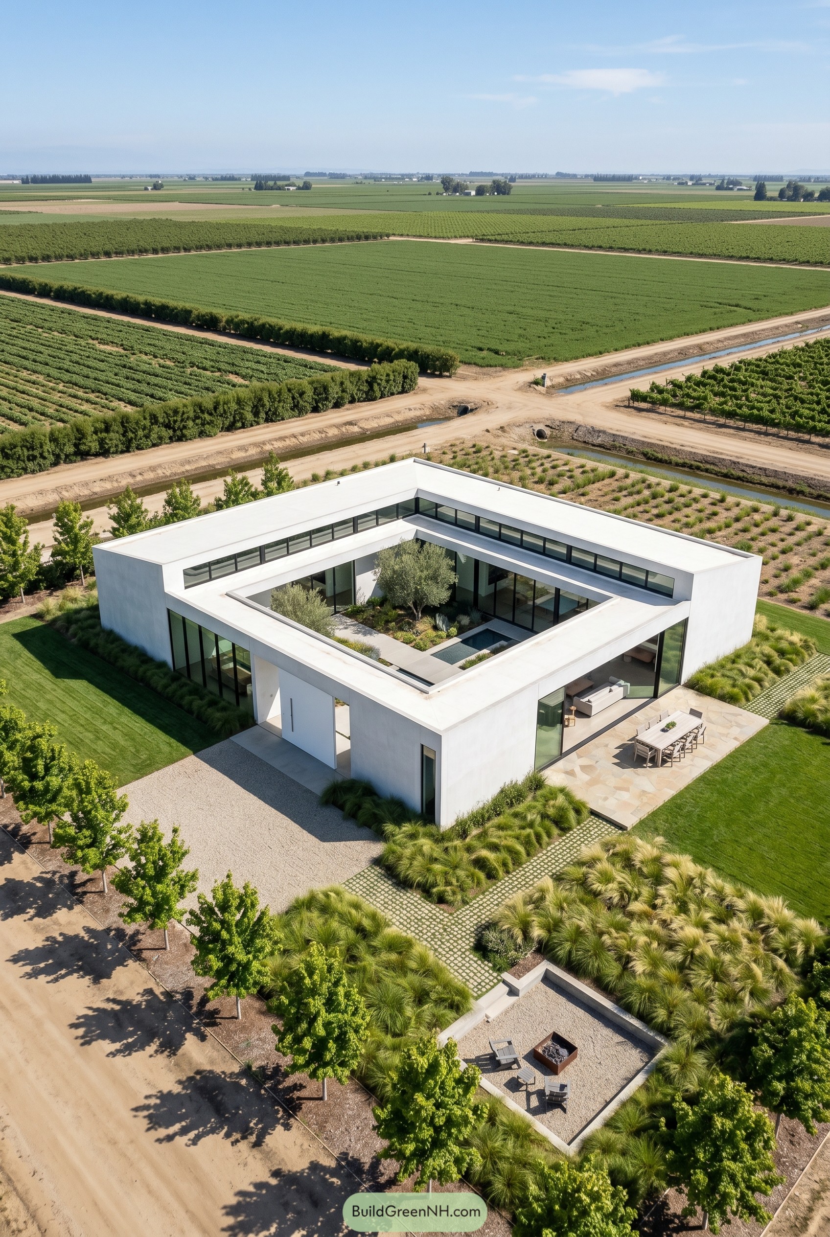White courtyard home amid farmland