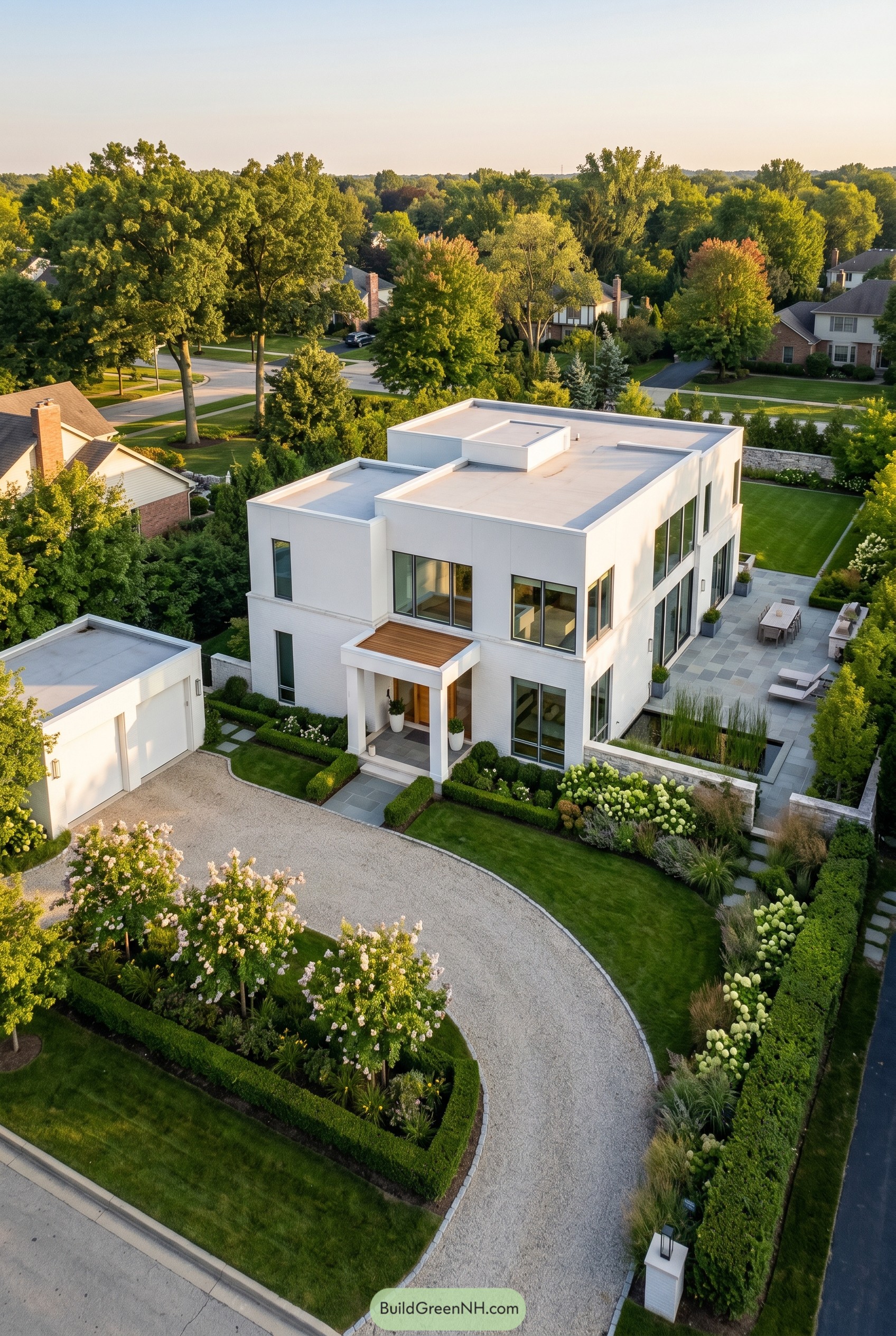 Crisp white modern house with curved gravel drive