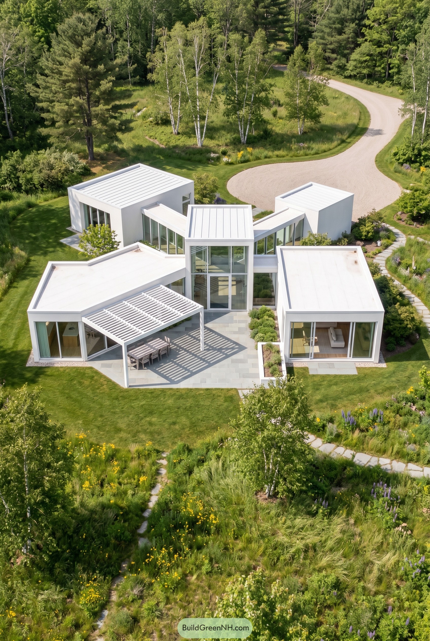 Aerial view of a white multi wing house in a meadow