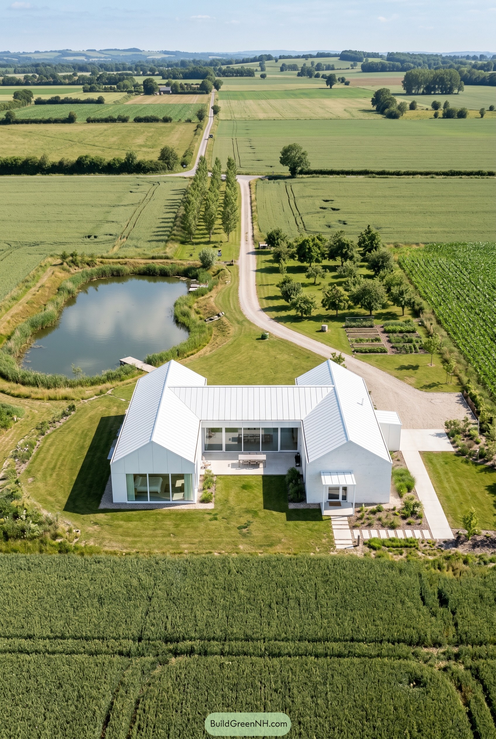 White three gabled house beside pond and fields