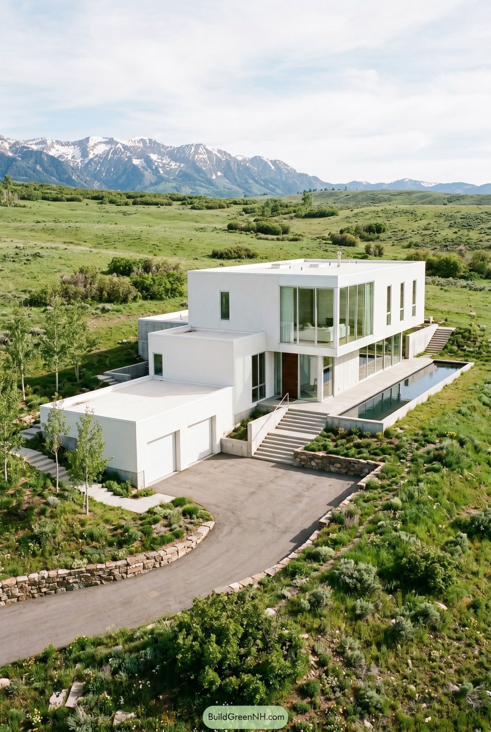White modern house with pool and mountain views