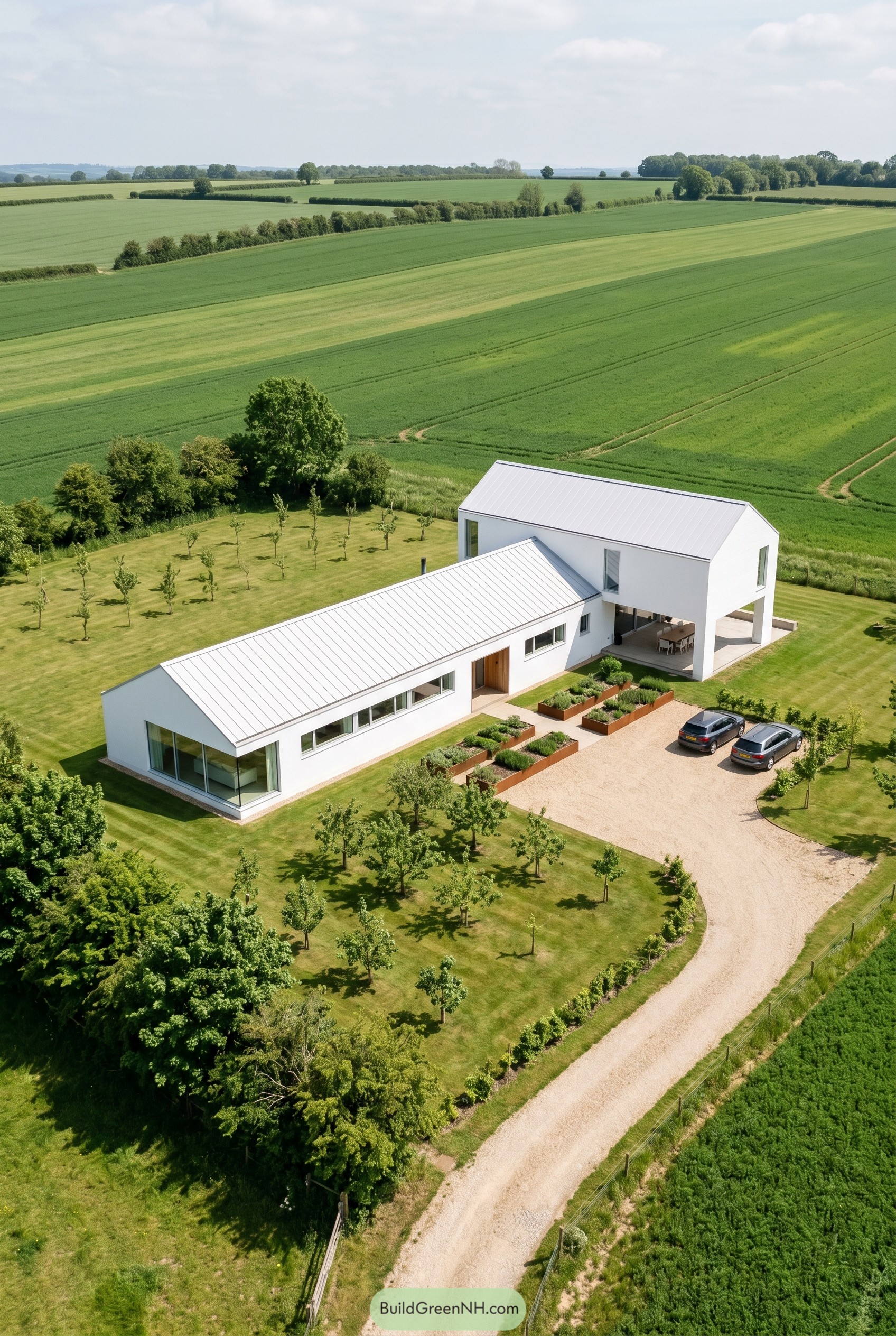 White gabled modern house in open fields