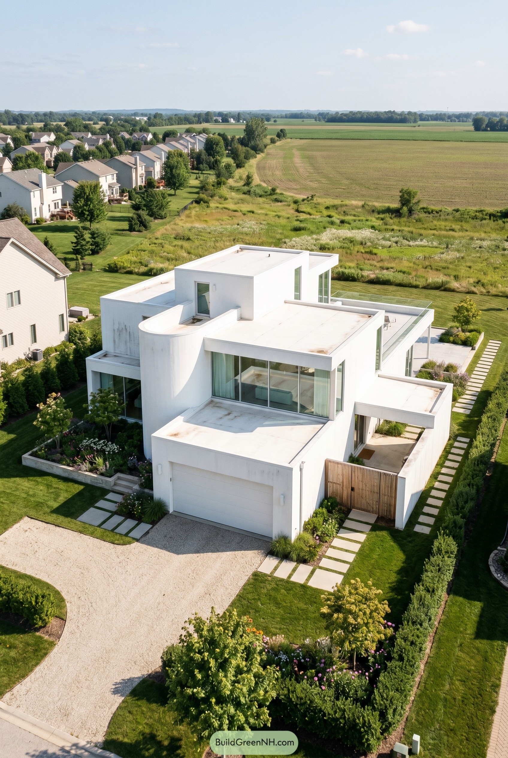 White modern house with curved wall and roof terraces