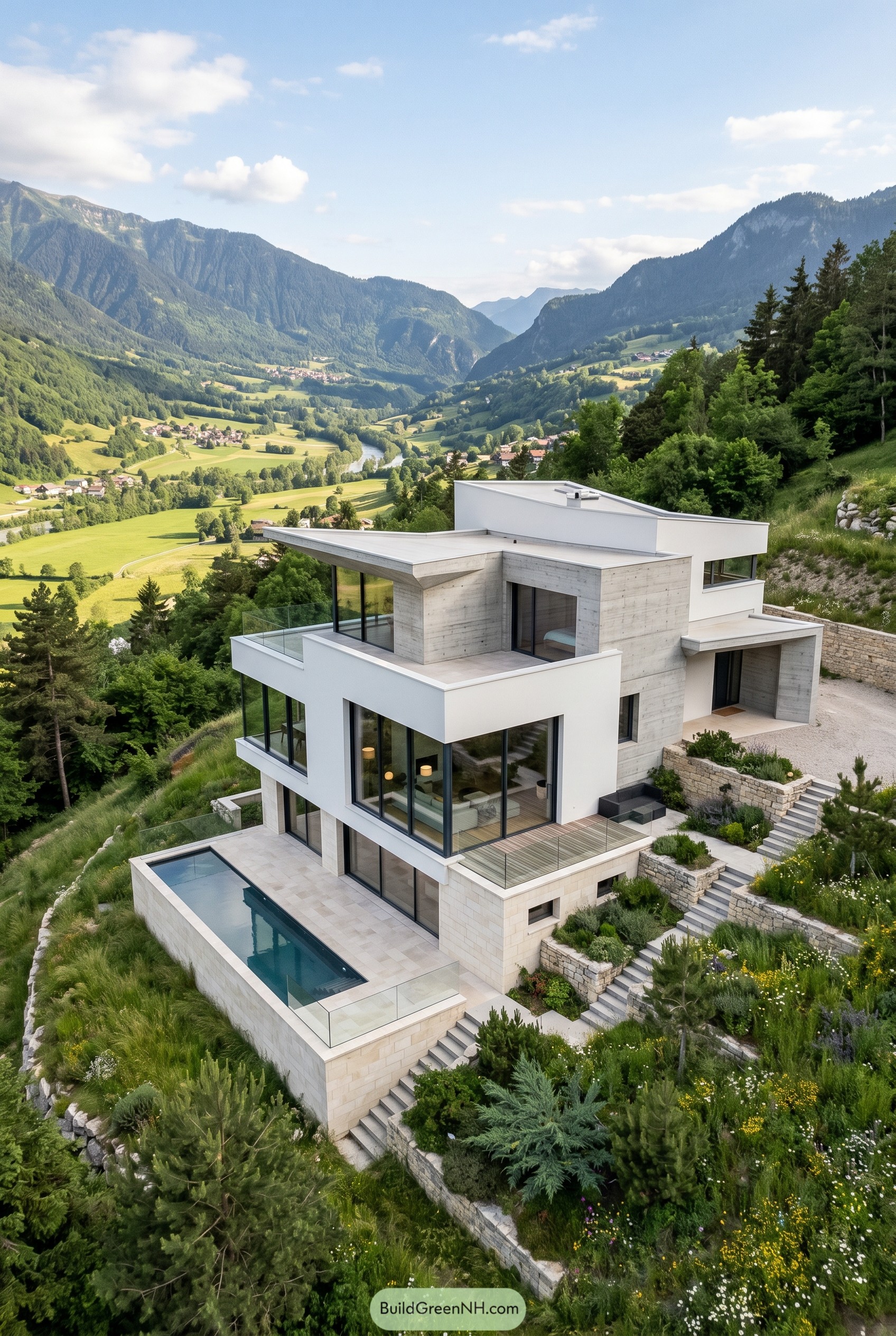 White modern hillside villa with pool