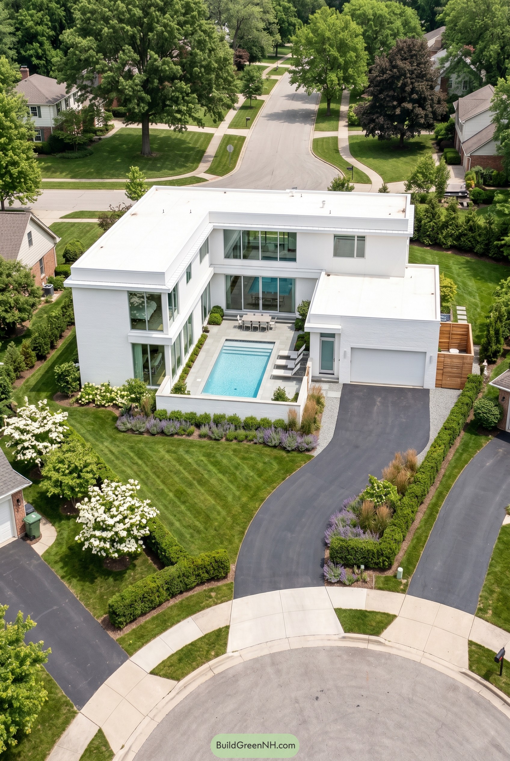White modern home with courtyard pool