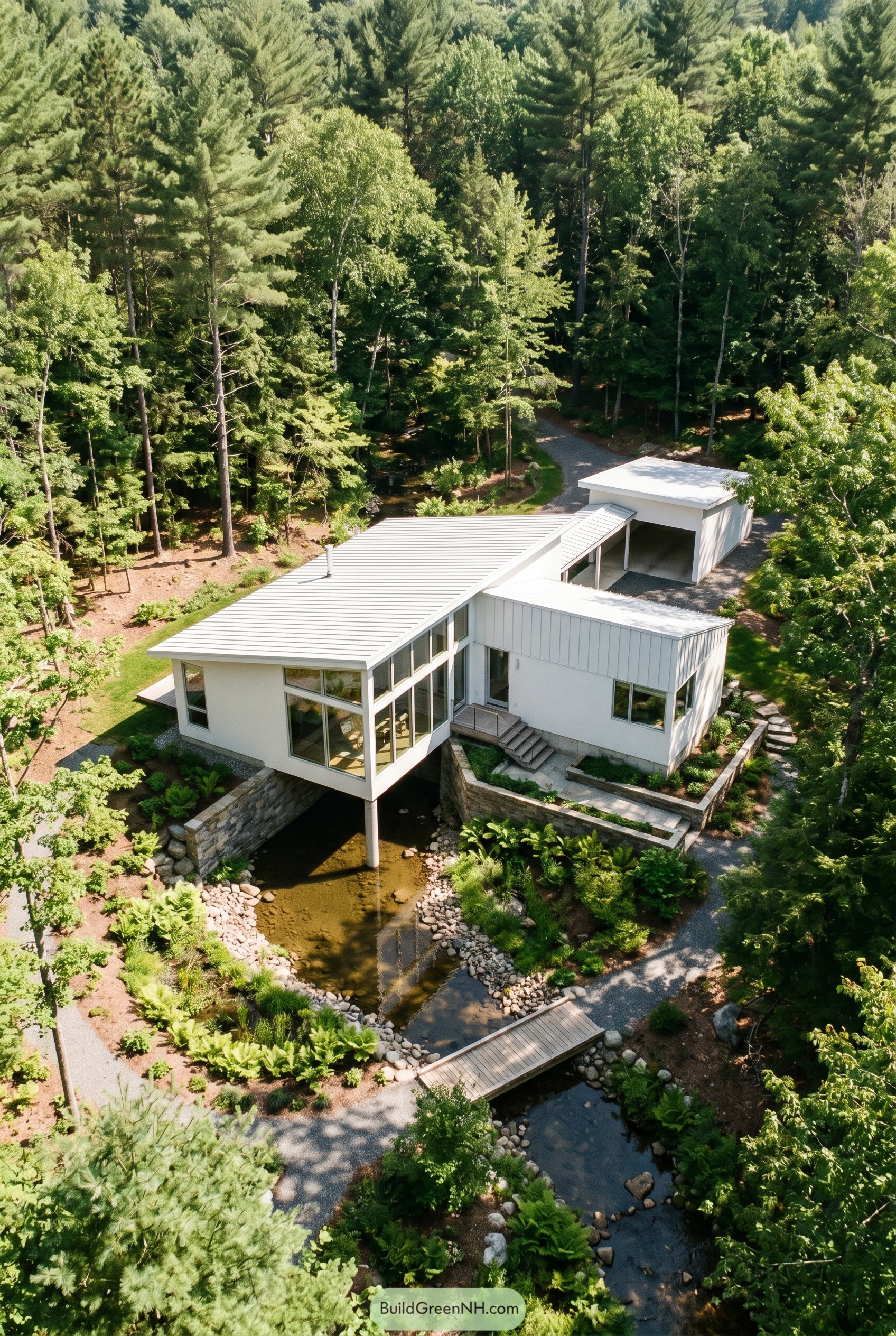 White modern house spanning a creek in dense woods