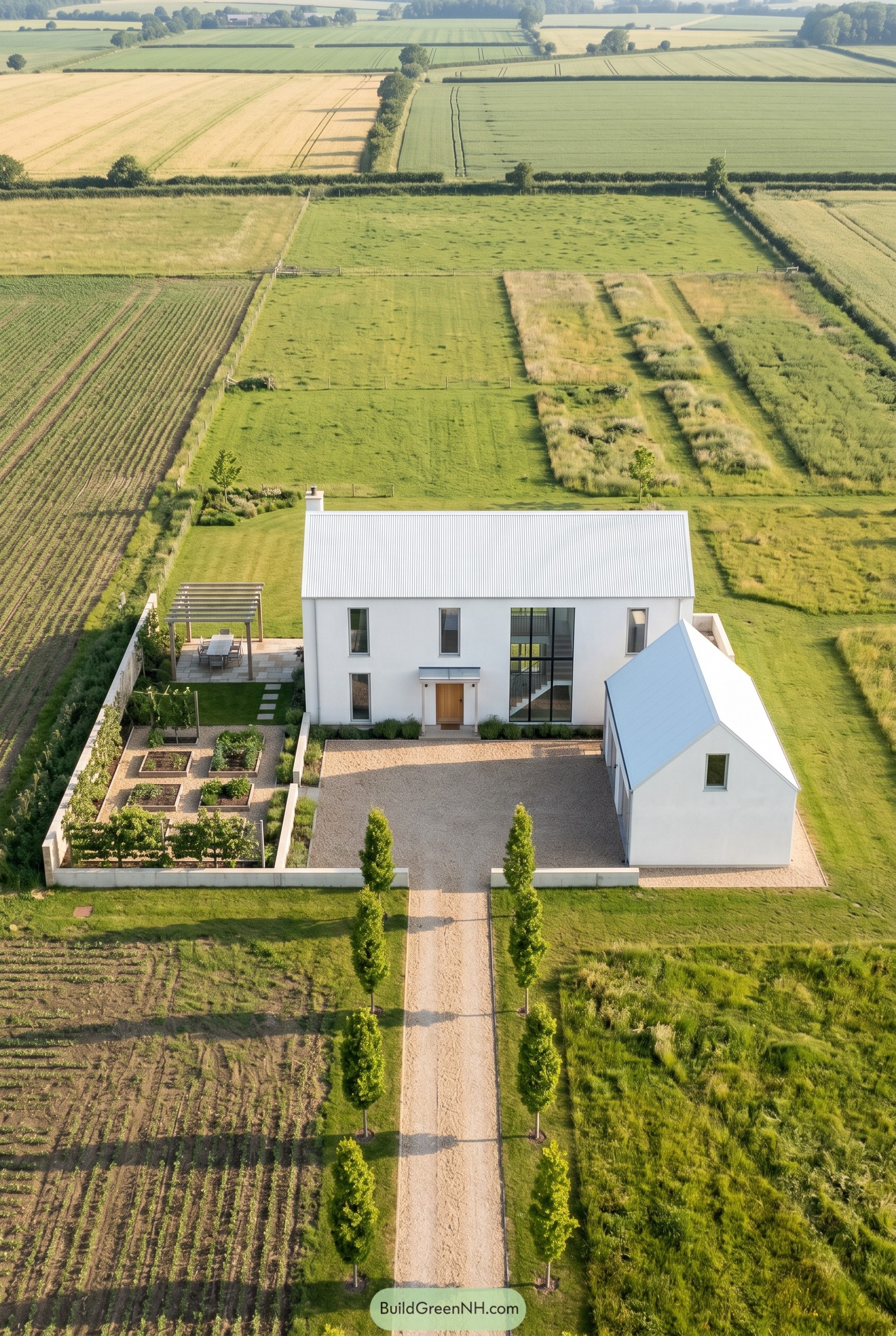 Aerial view of a white modern farmhouse compound