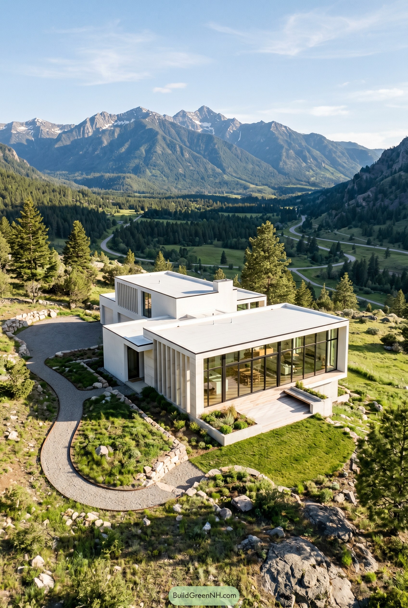 White modern hillside home overlooking mountains
