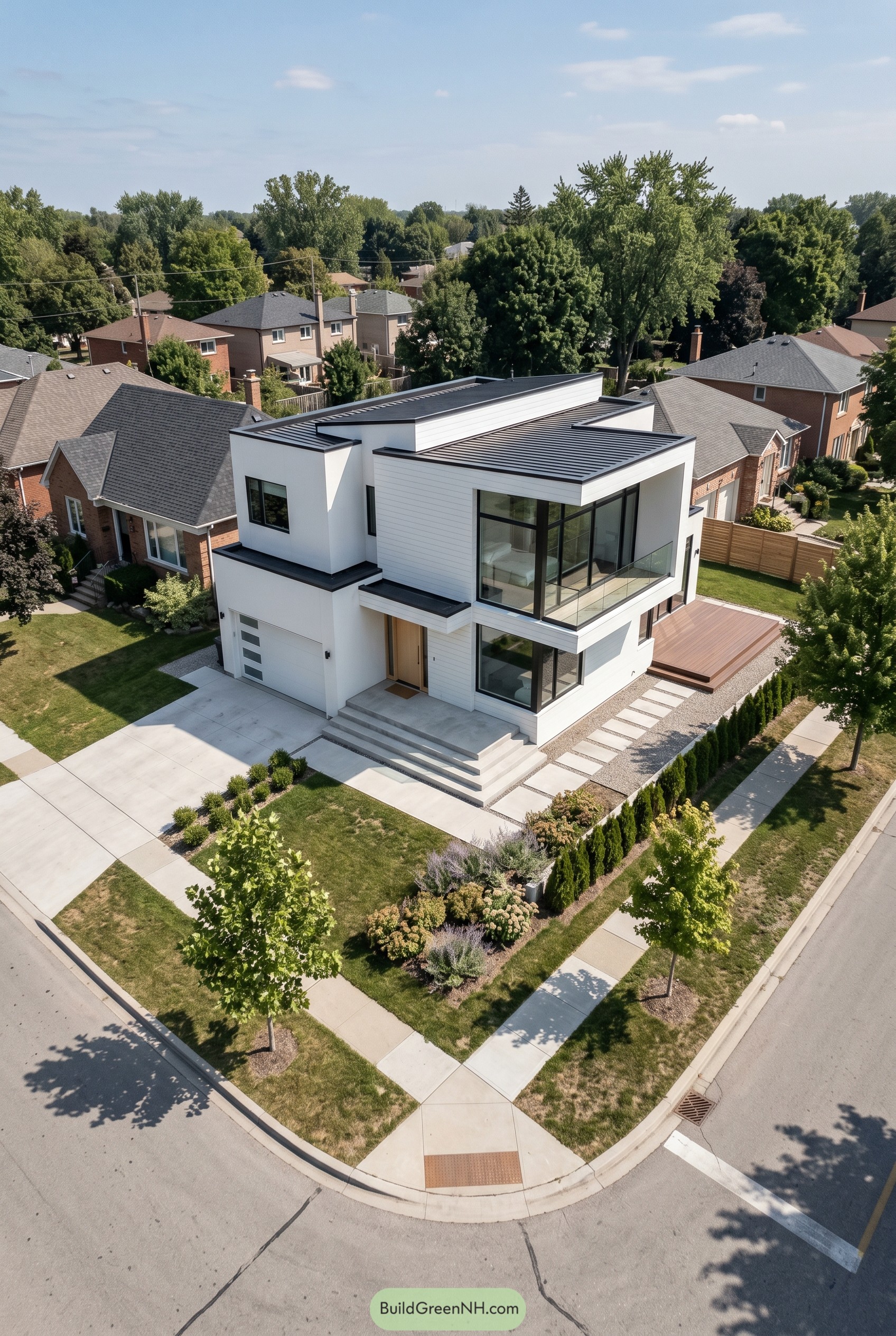 Modern white corner house with expansive glass