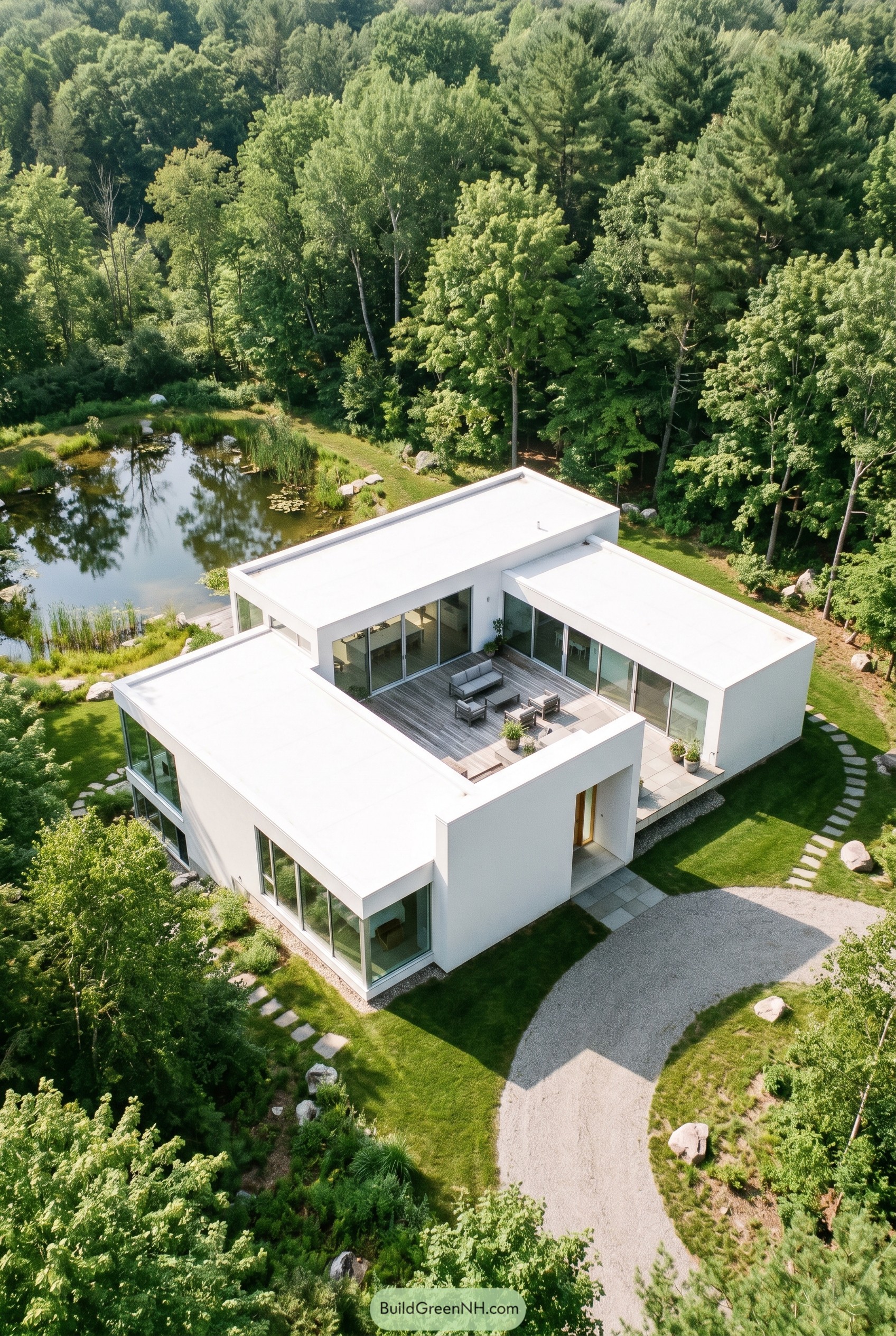 White modern courtyard house beside a pond