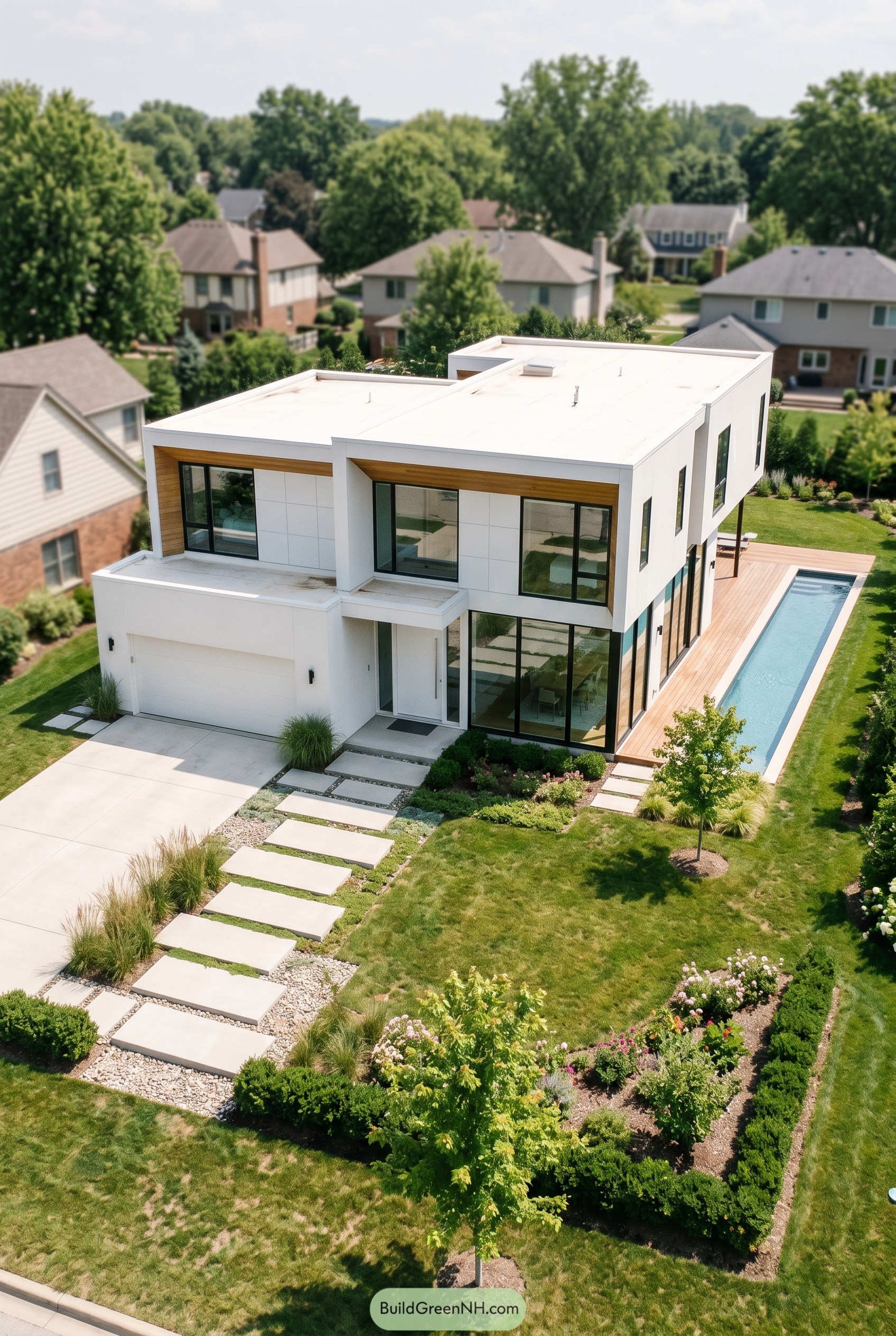 Two story white modern home with lap pool