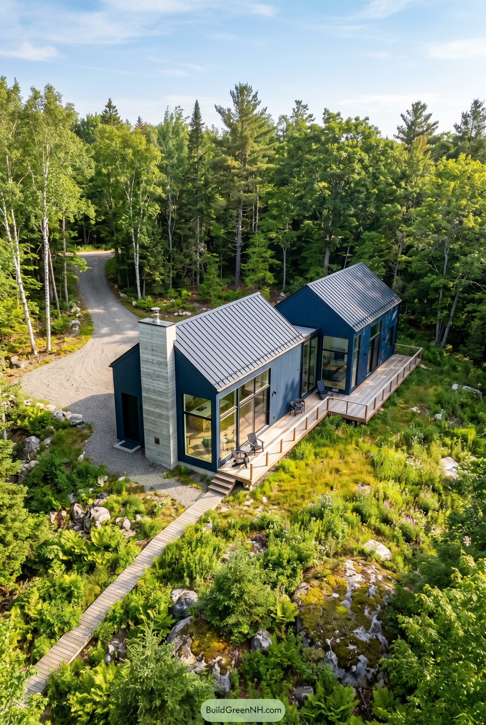 Deep navy twin gable house with deck