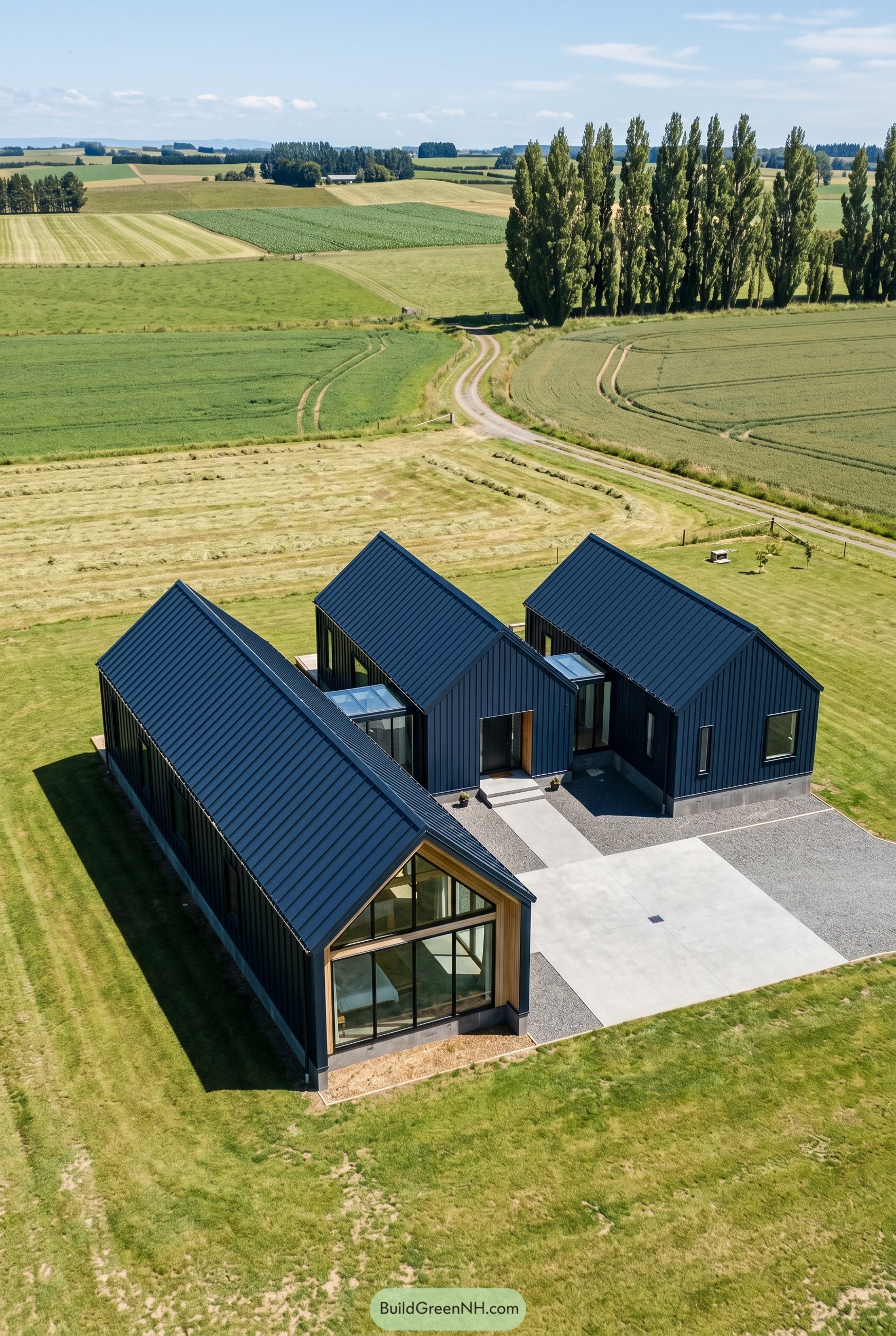 Aerial view of a deep navy three gable modern farmhouse
