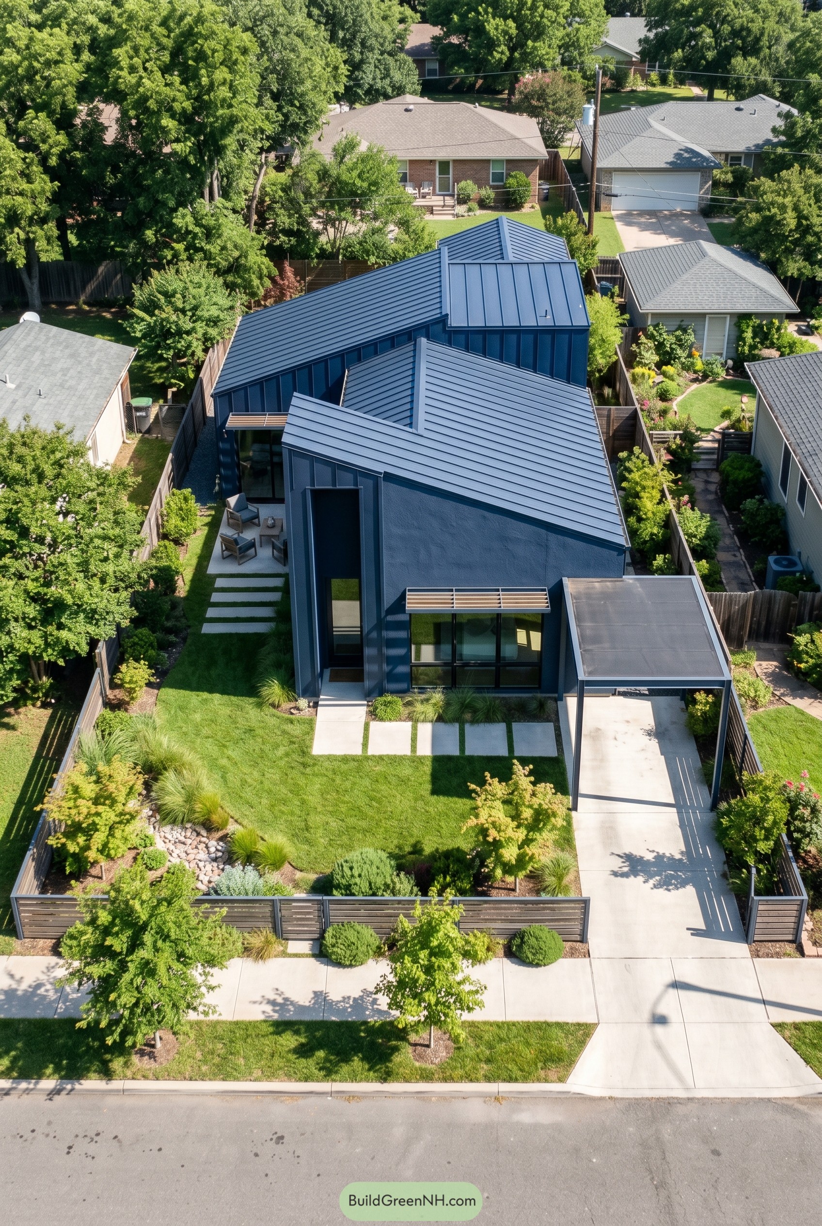 Aerial view of a deep navy modern house with folded gabled roofs and a carport