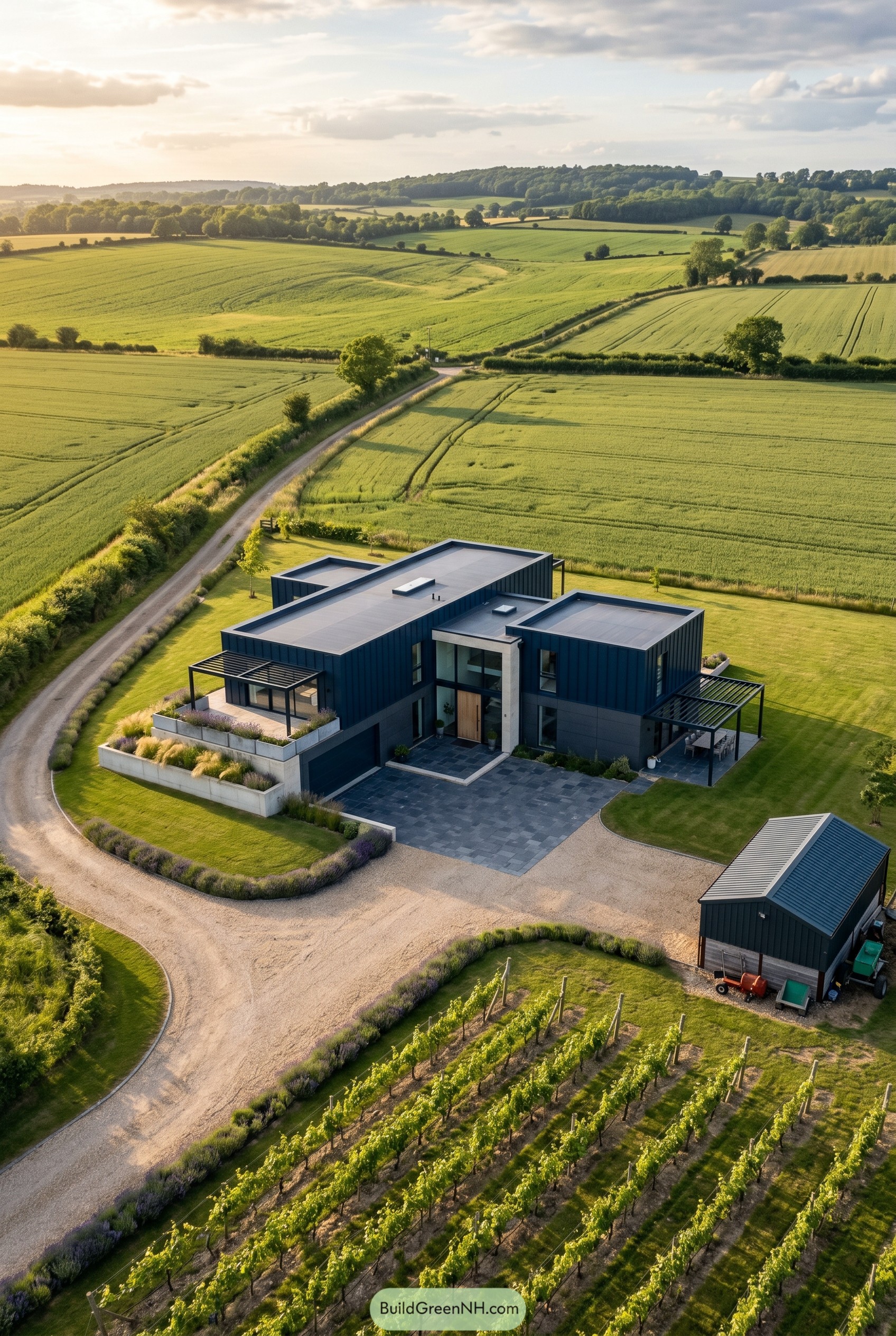 Deep navy modern house beside vineyard and fields