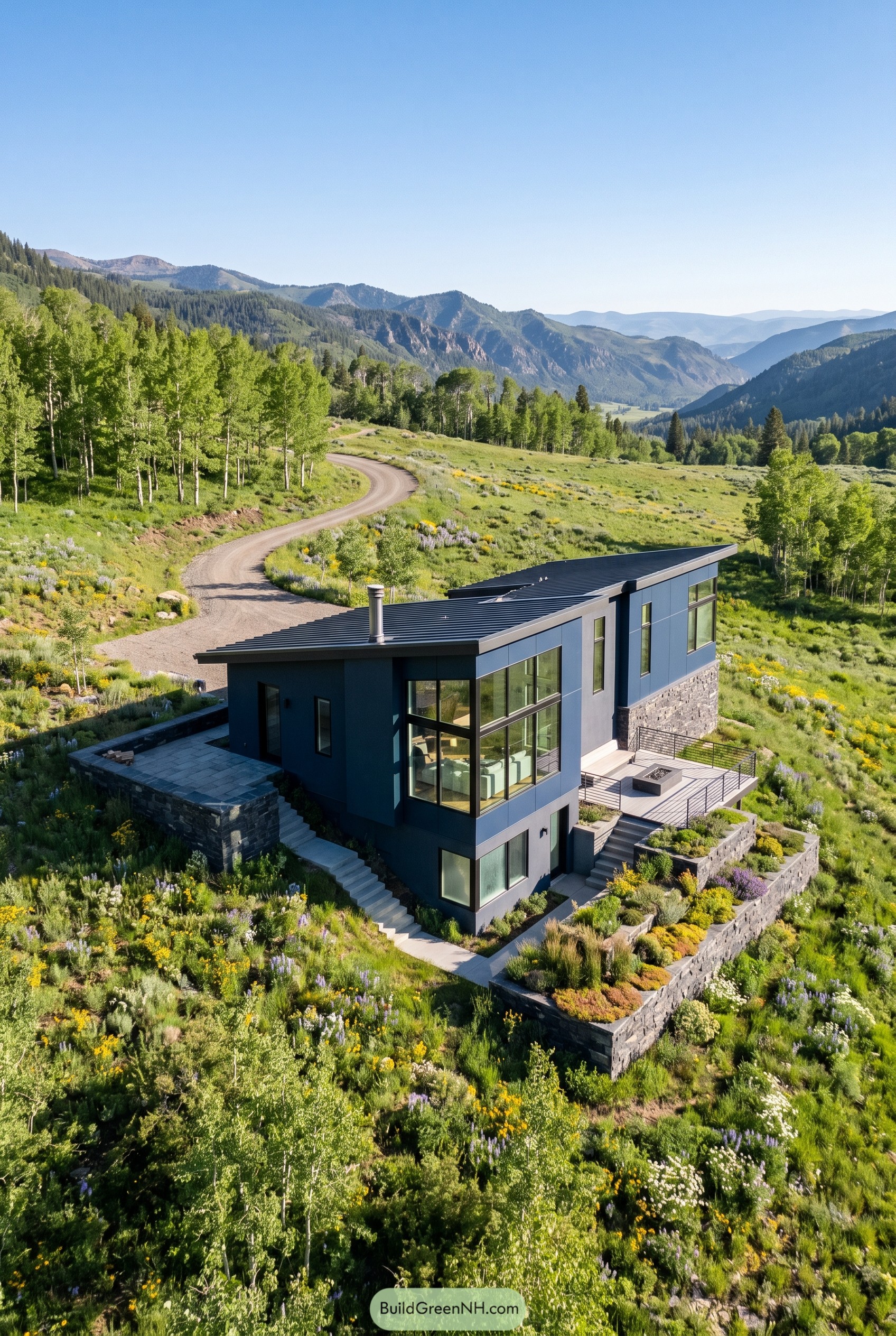 Deep navy hillside house with terraced stone gardens