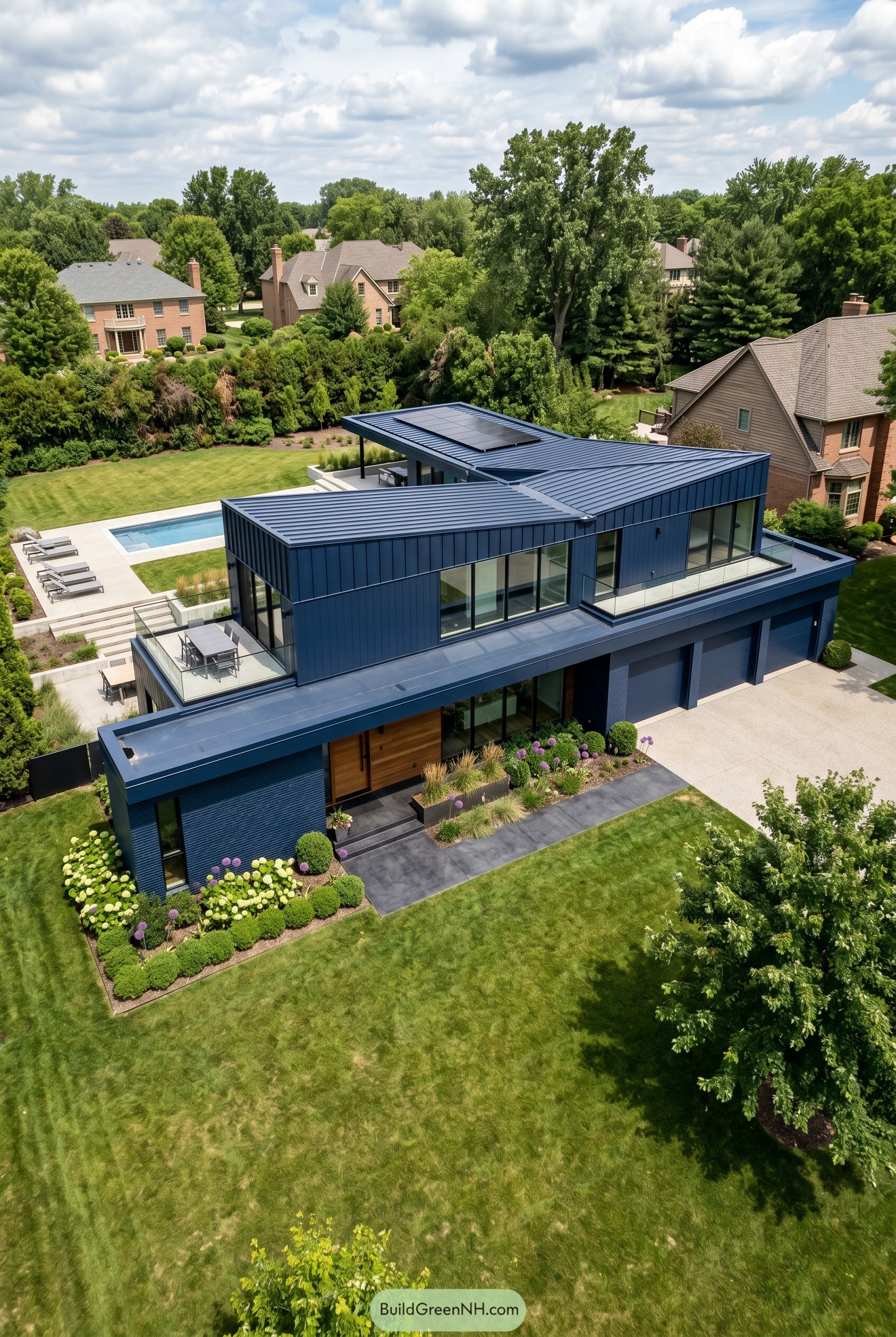 Deep navy modern house with terraces and pool