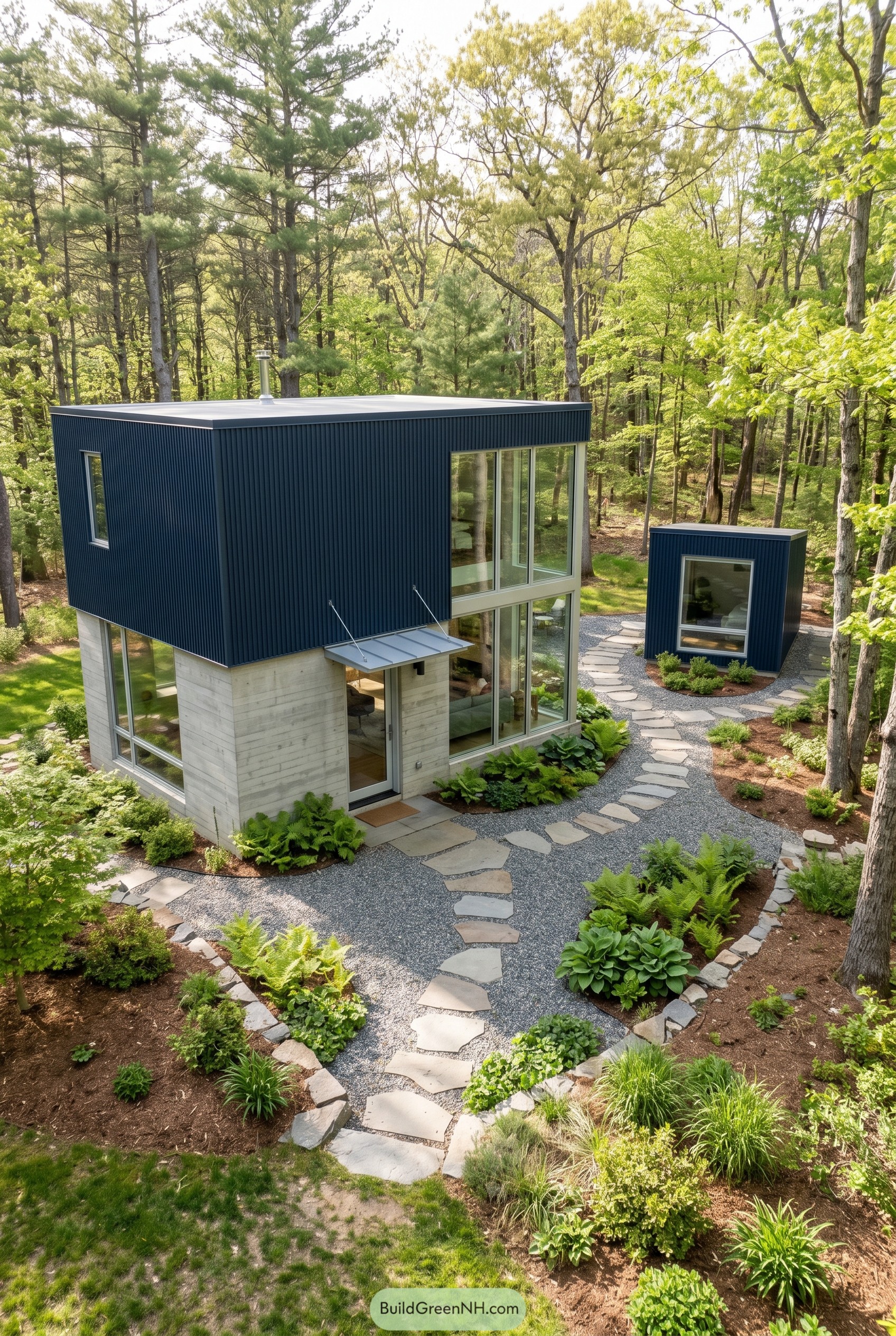 Deep navy modern home with matching annex in woods