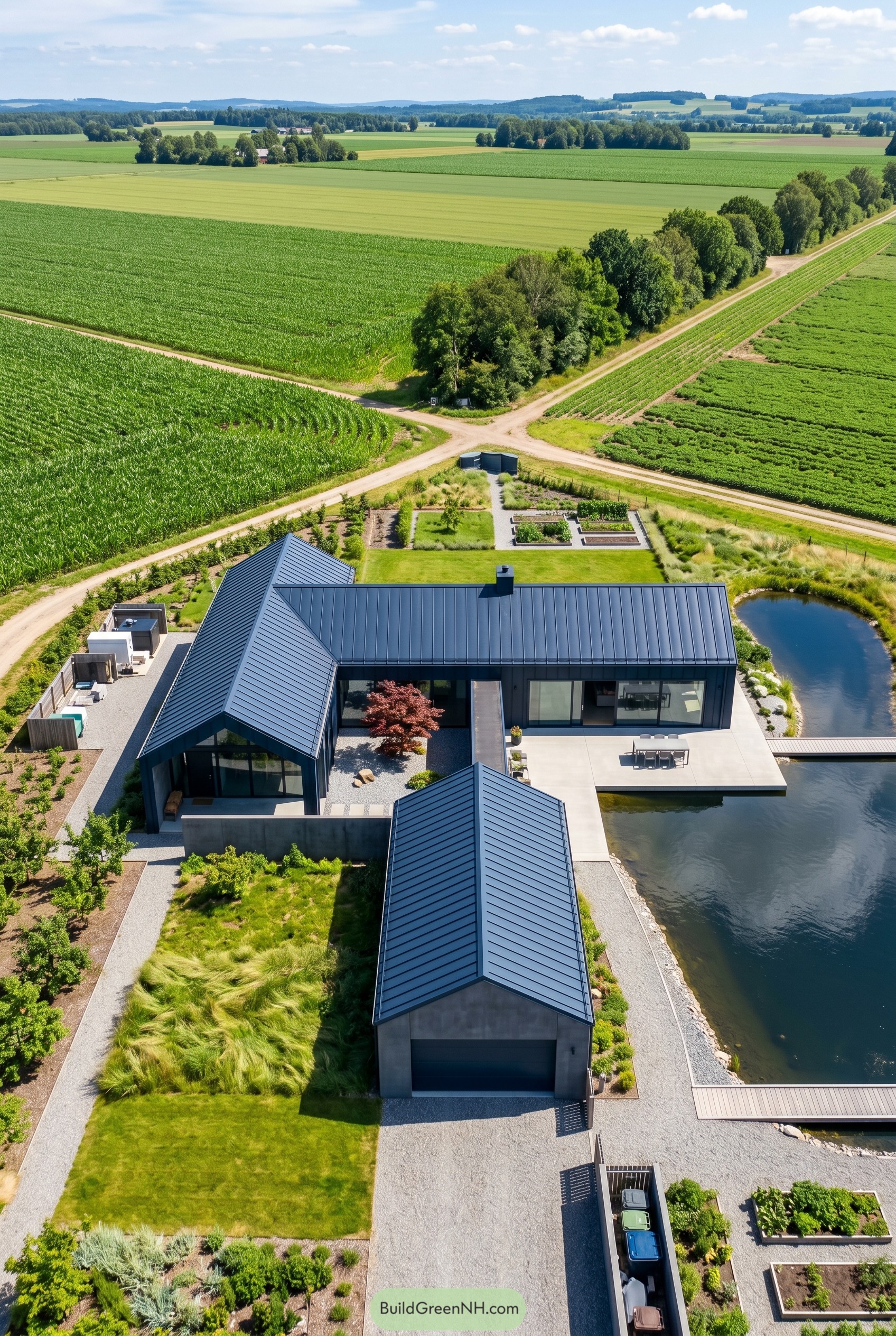 Deep navy modern farmhouse beside a pond