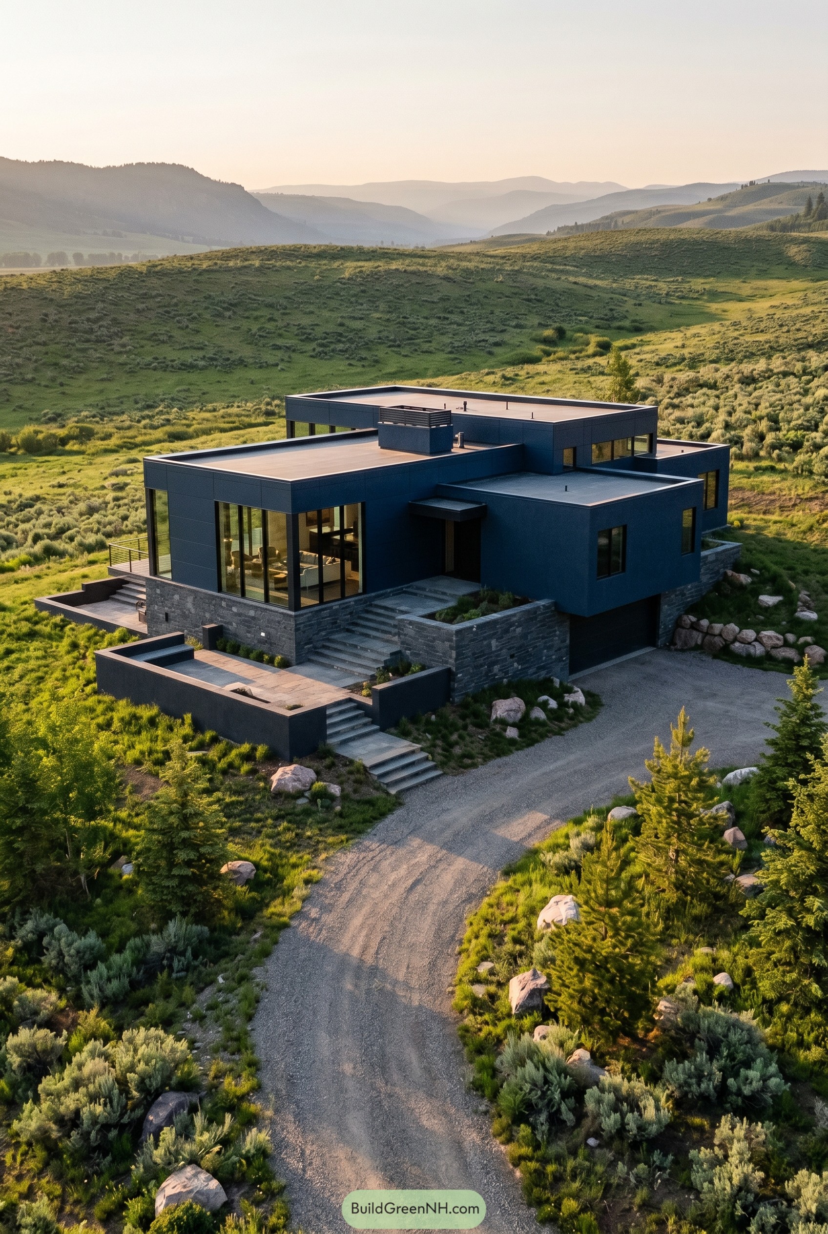 Deep navy flat roof house on a grassy hillside
