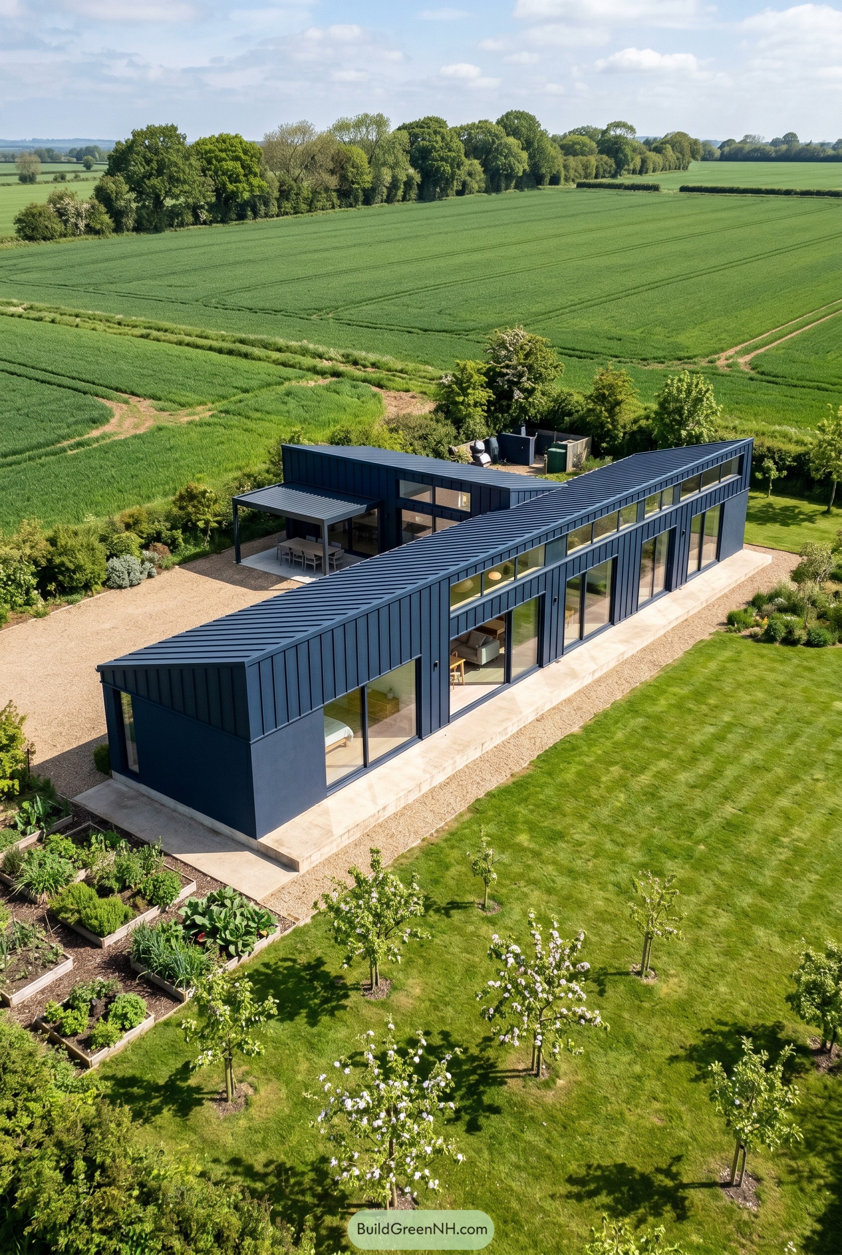 Deep navy V shaped modern house in open fields