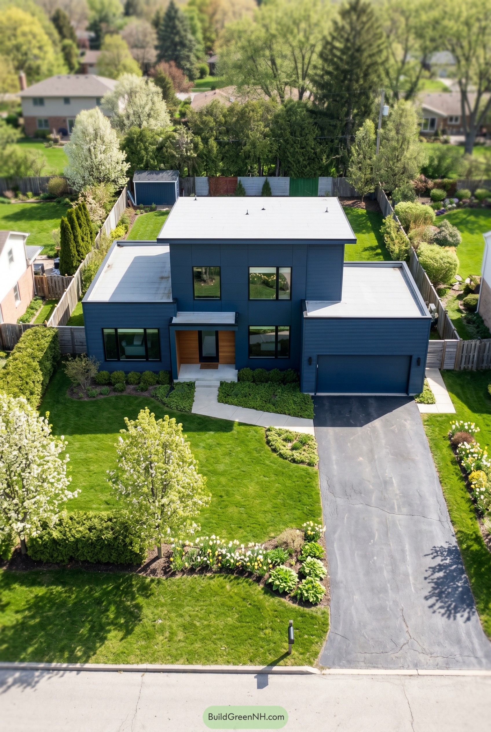 Aerial view of a deep navy flat roof modern house