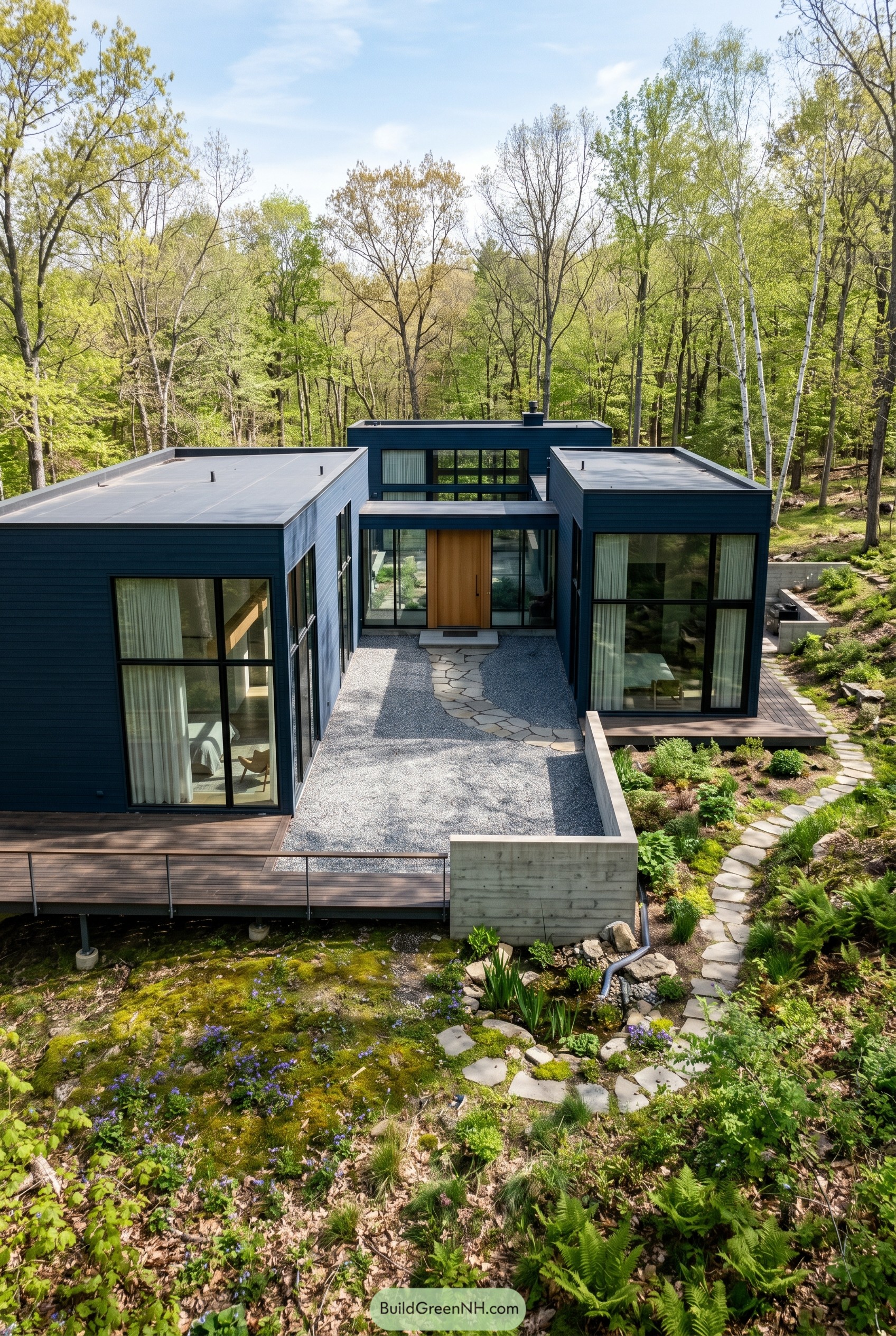 Deep navy courtyard home in forest
