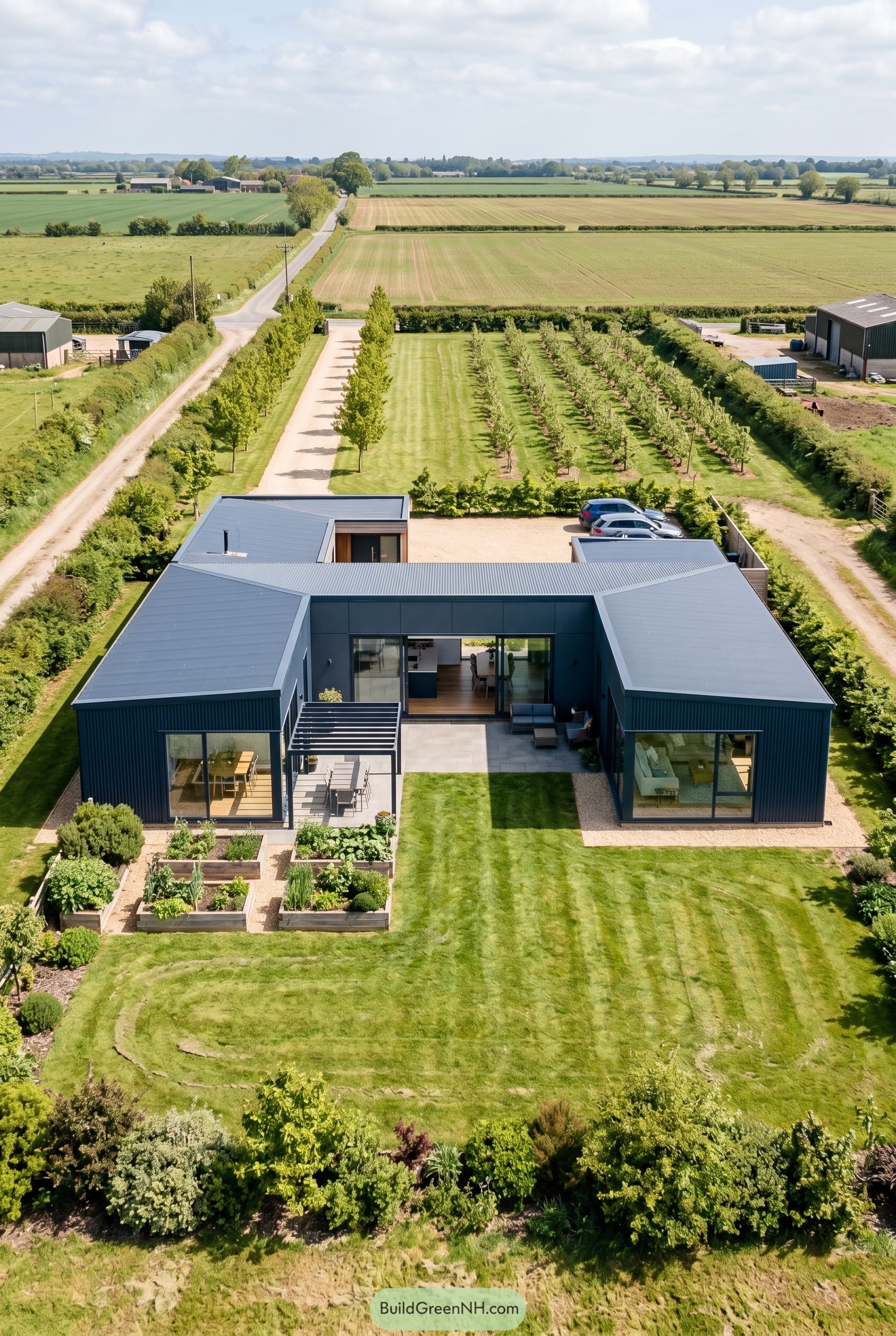Deep navy courtyard house beside orchard