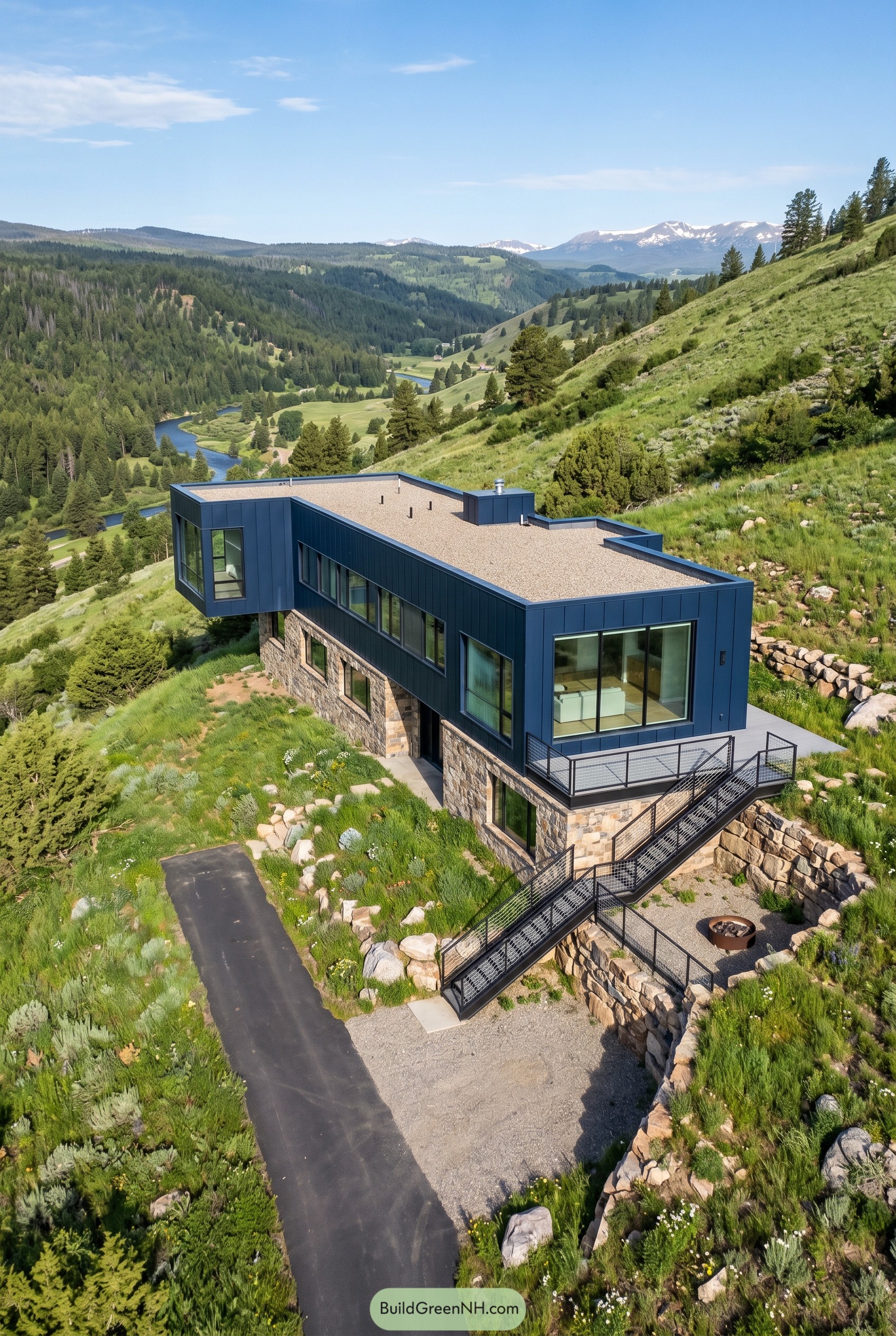 Deep navy cantilevered hillside home with stone base