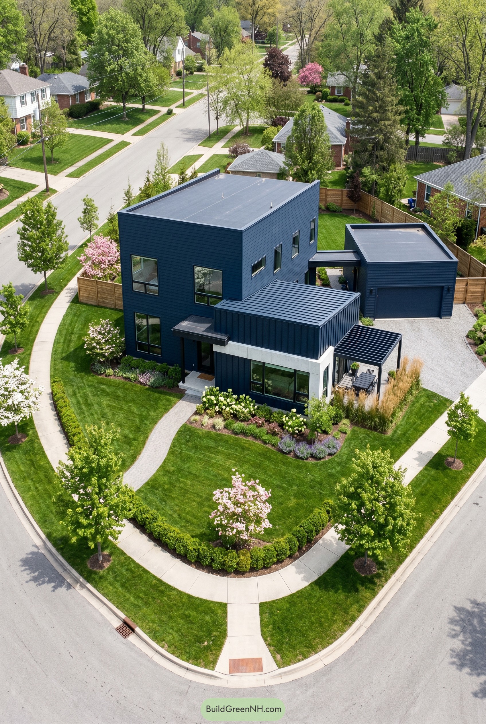 Deep navy modern home on a curved corner lot