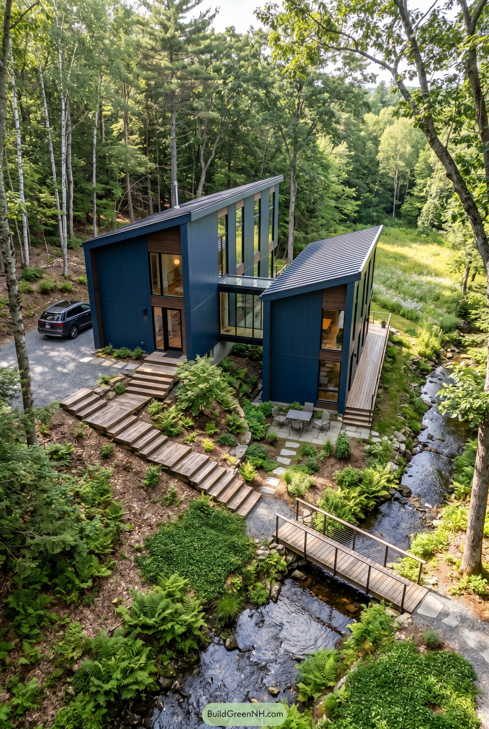 Deep navy modern house beside a forest creek