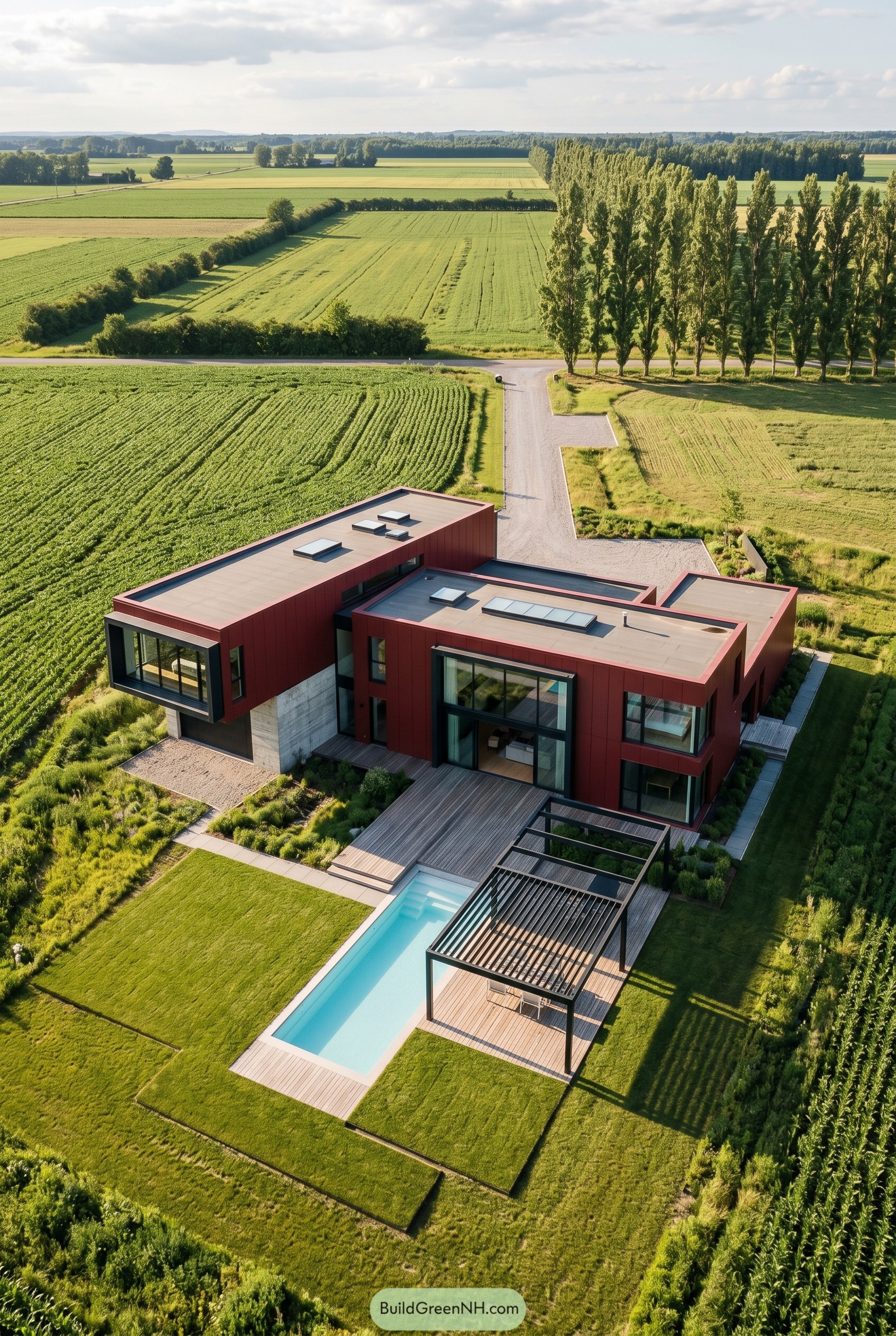 Deep red modern house with pool in farmland