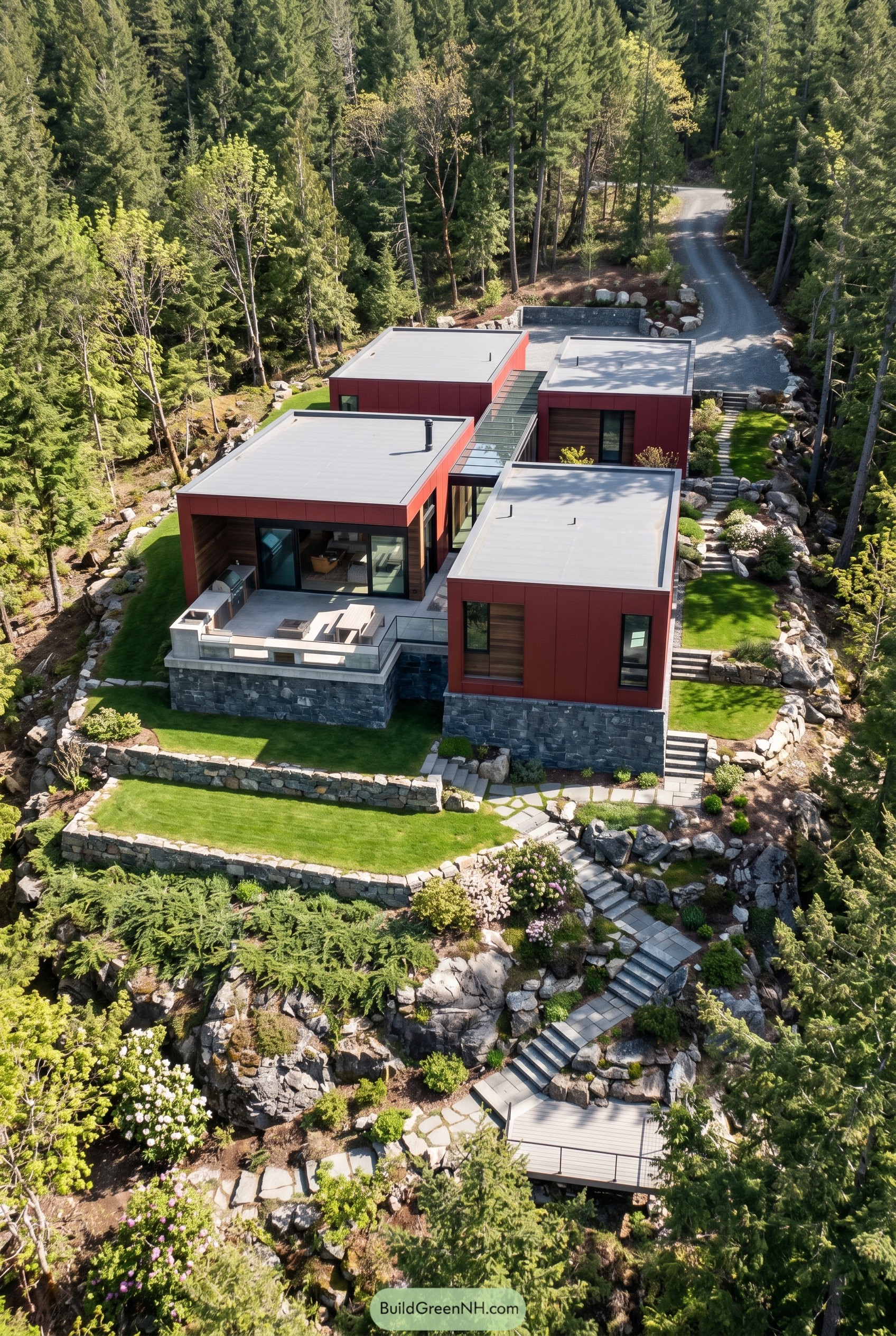 Deep red modern home on a rocky forest slope