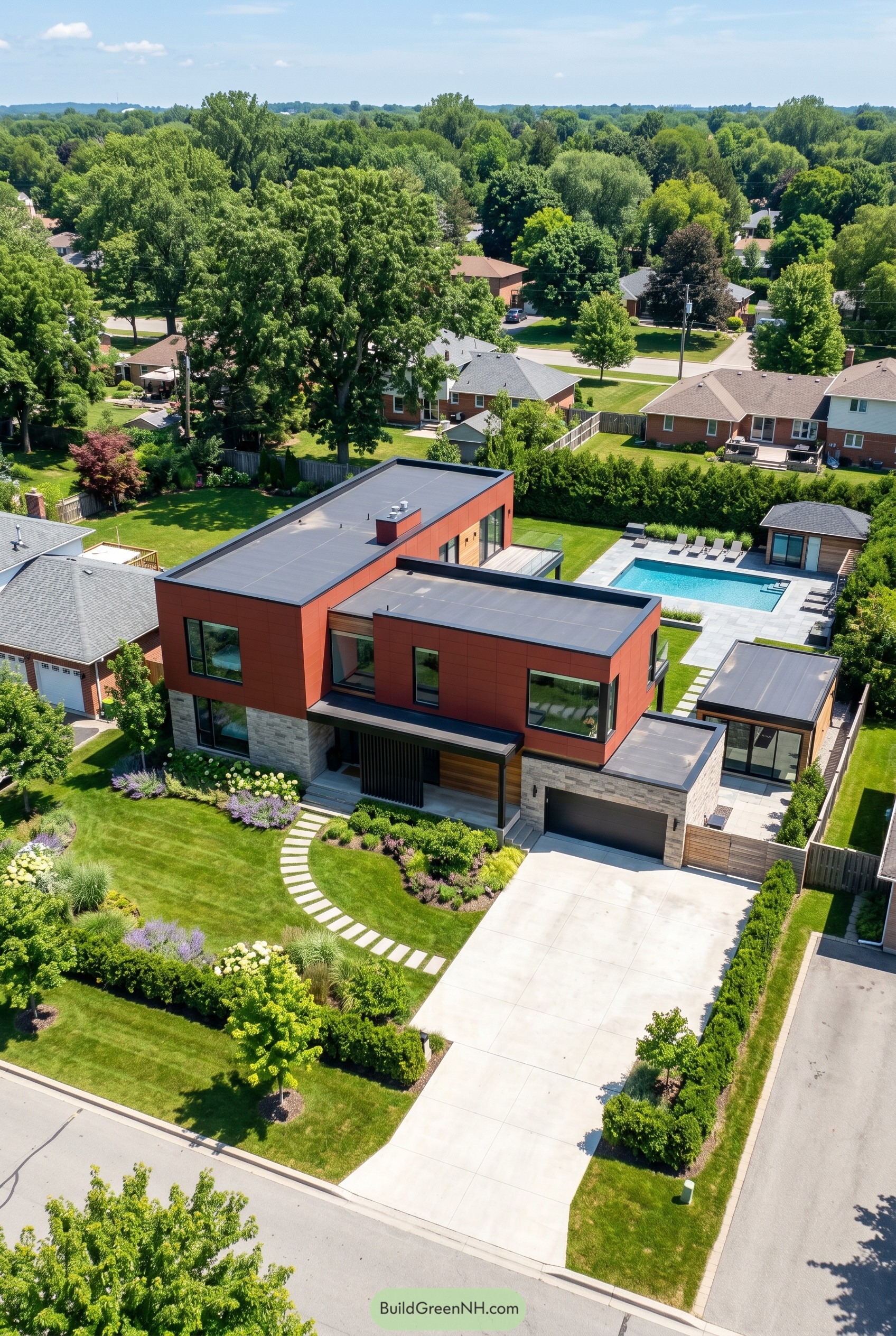 Deep red modern home with pool