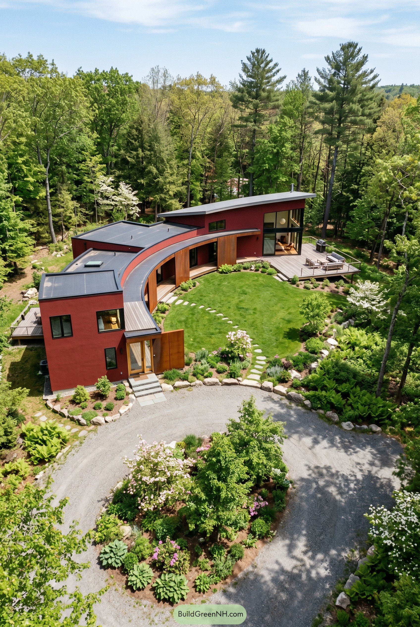 Deep red curved modern house in woods