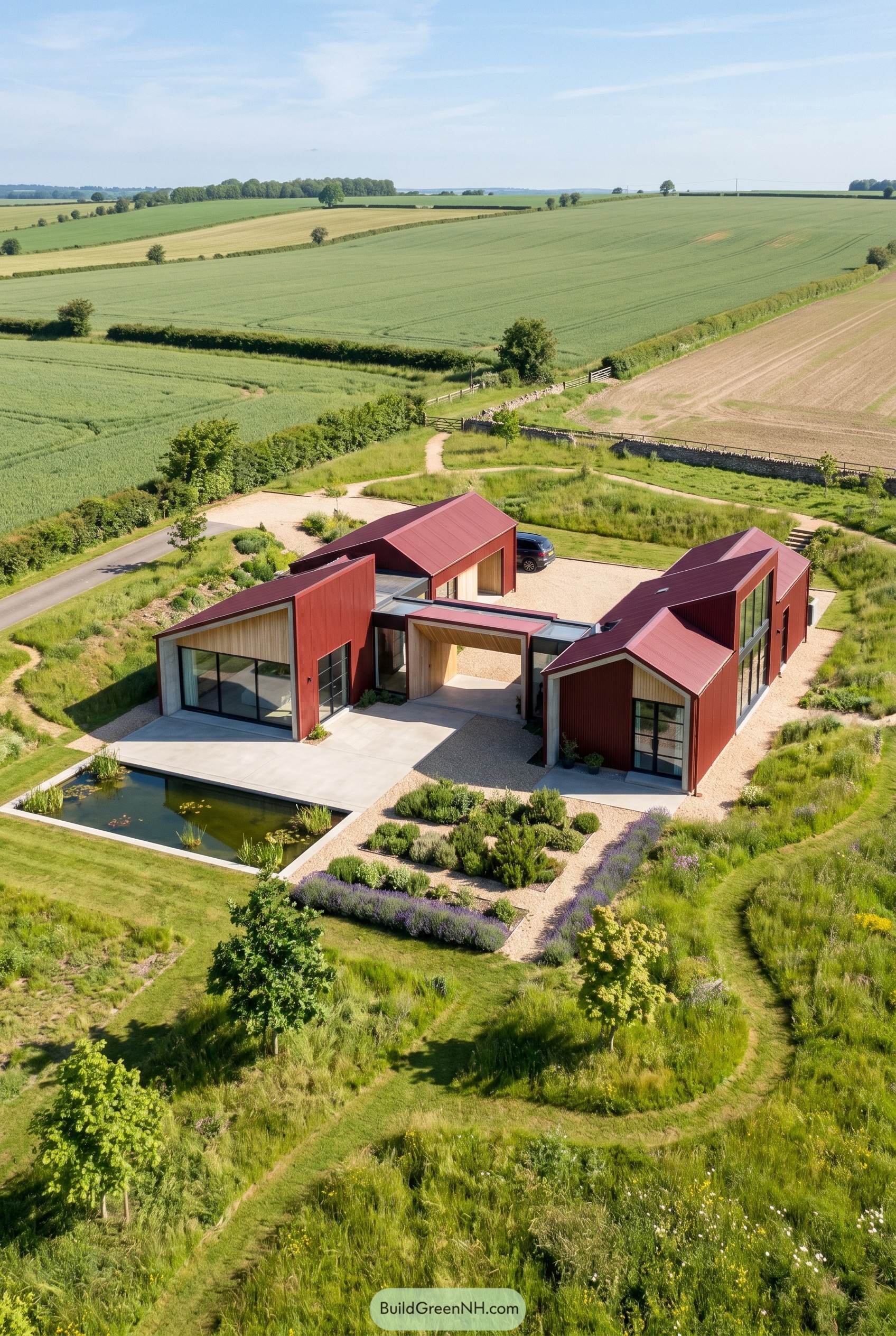 Deep red modern house with three gabled wings in open countryside