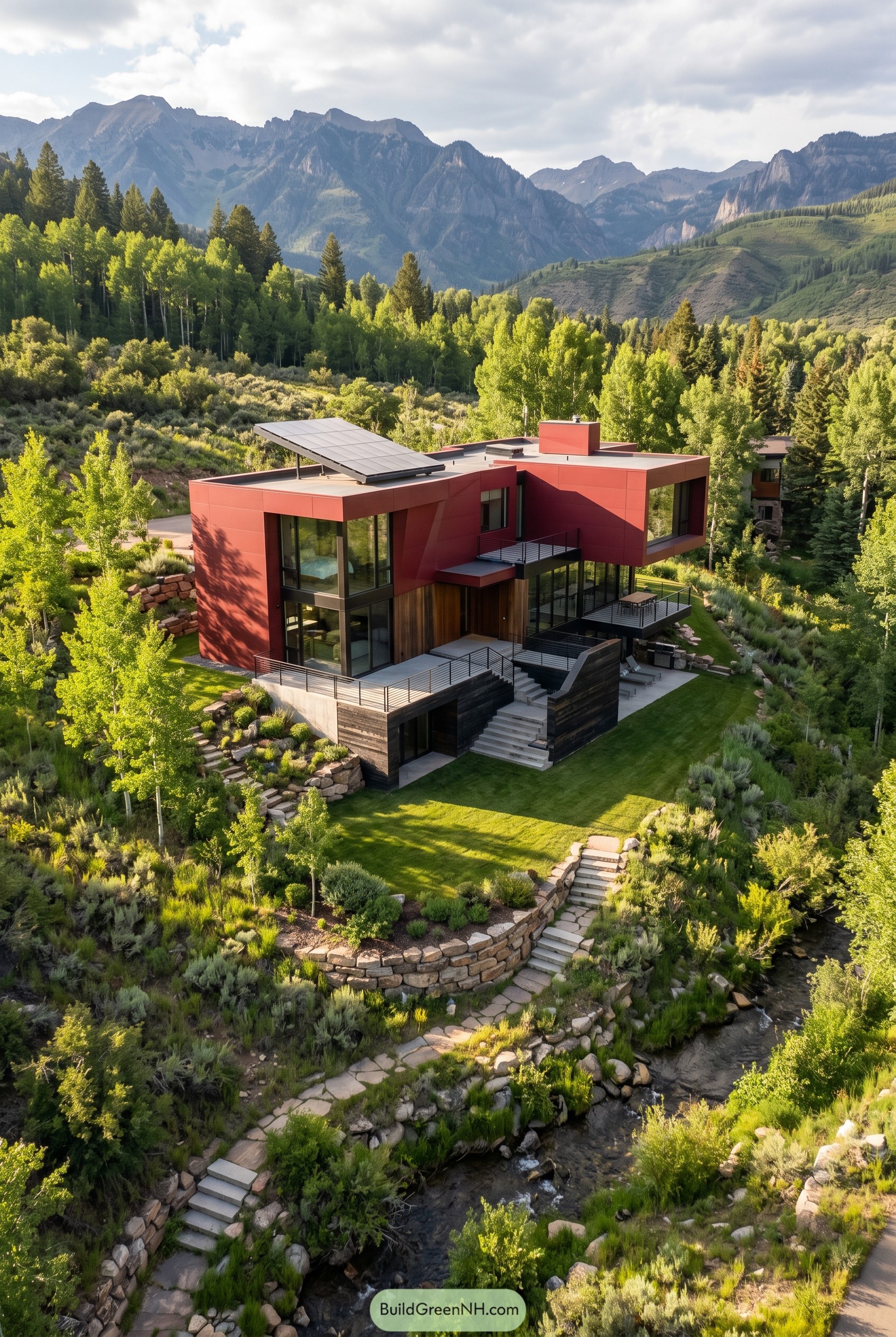 Deep red modern mountain house above a creek