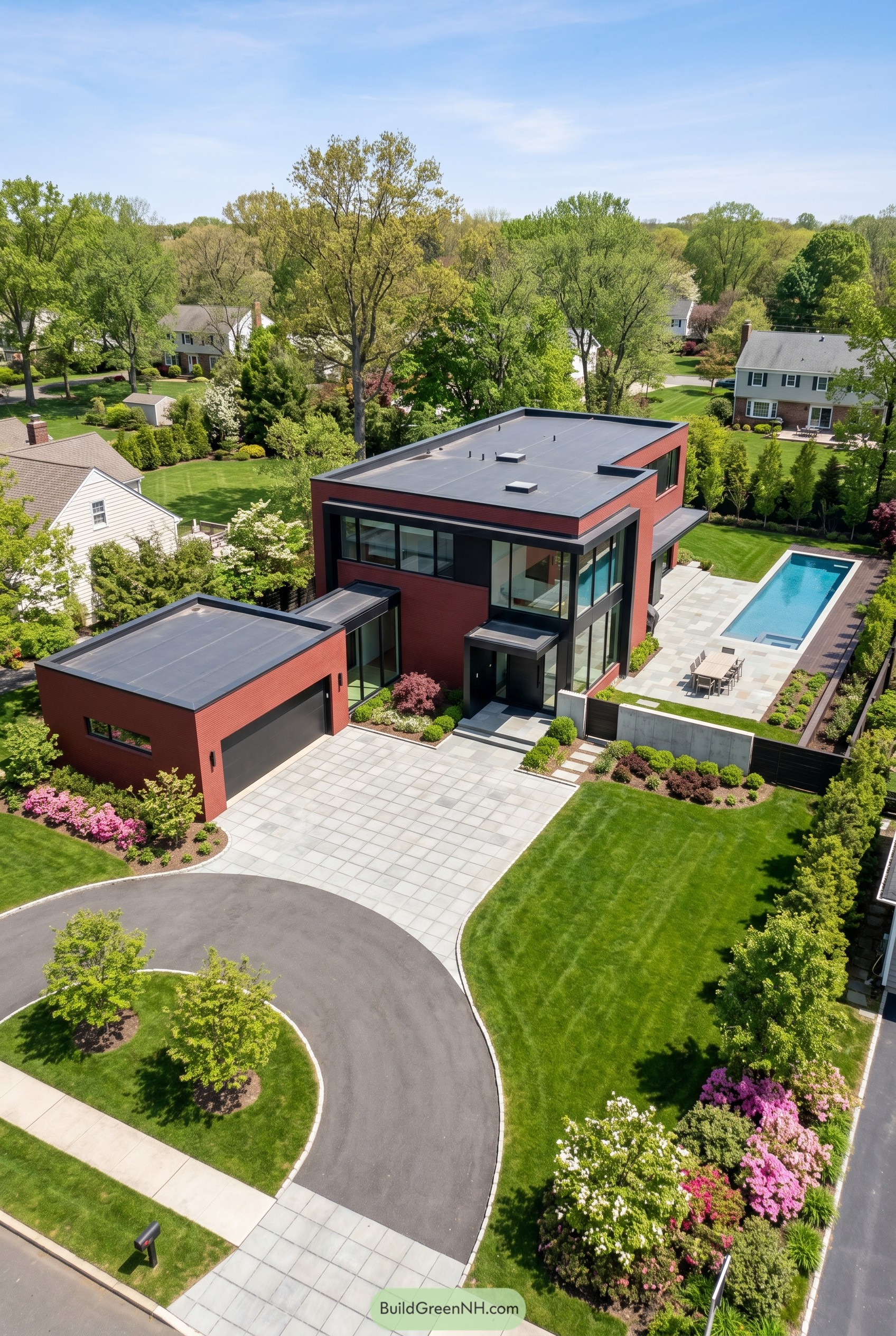 Deep red modern home with lap pool