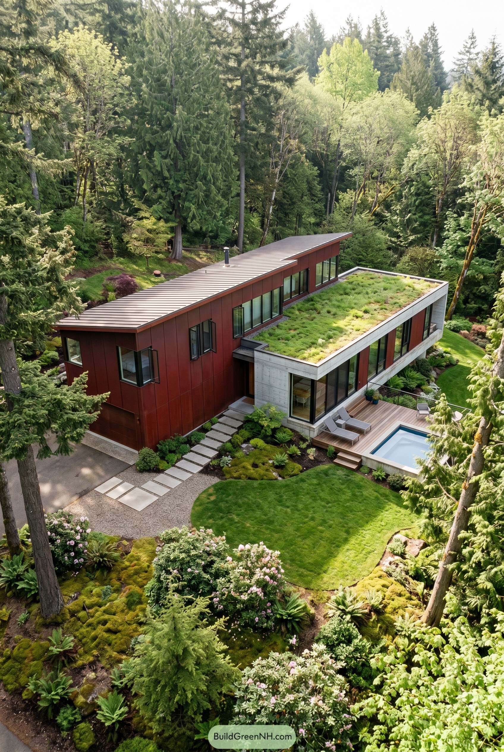 Deep red modern house with green roof and pool in woods