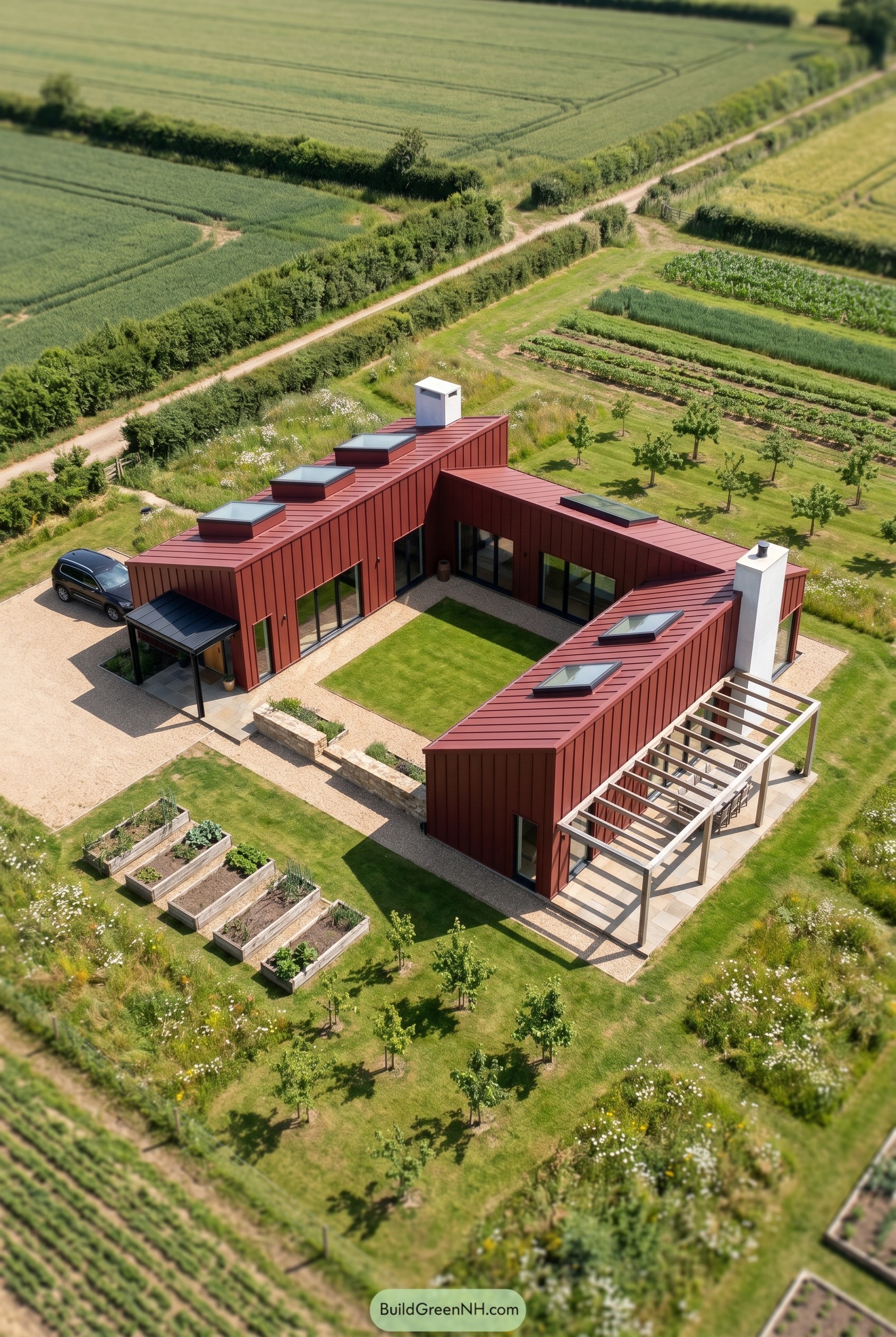 Deep red modern courtyard house beside garden plots