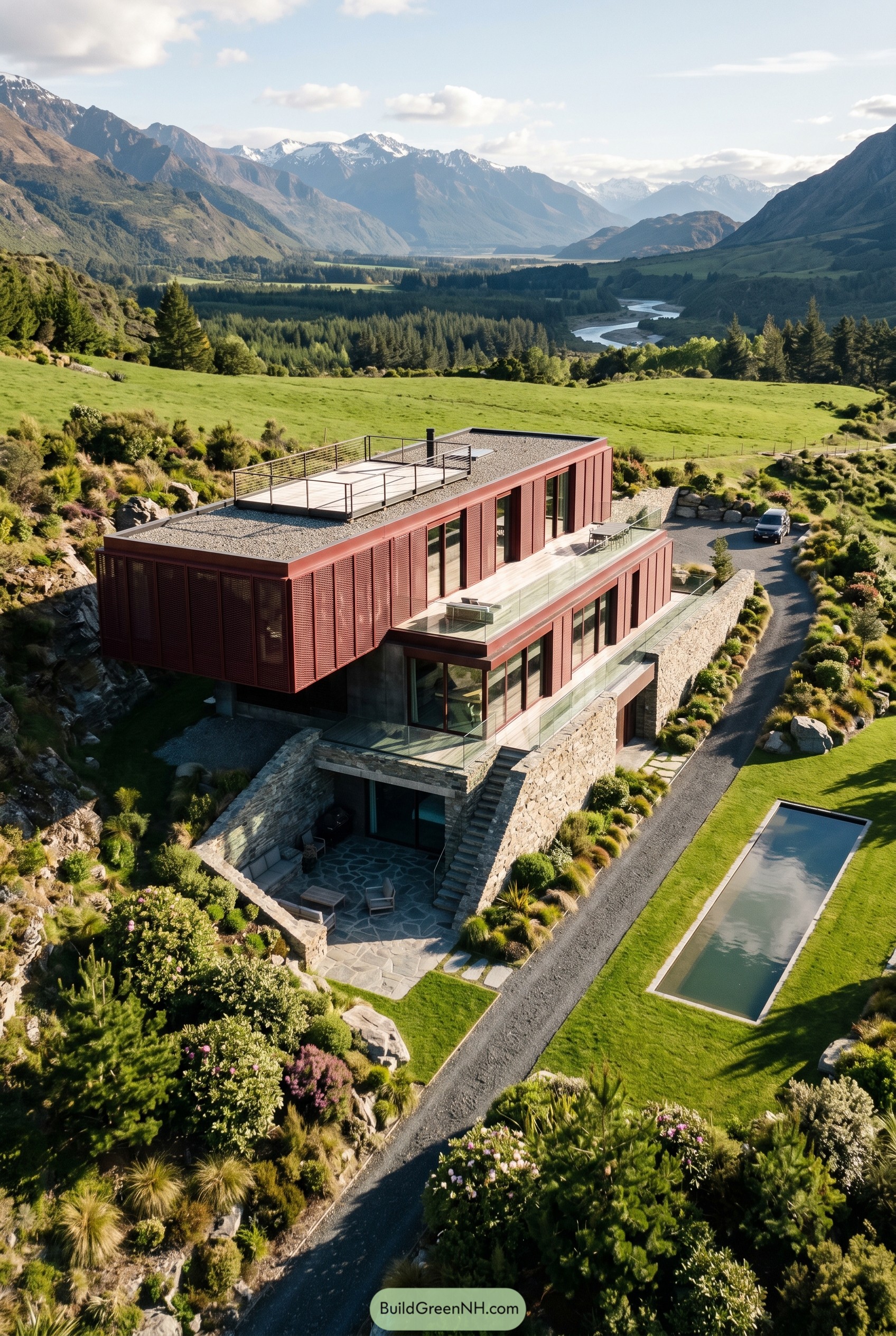 Deep red modern hillside house with mountain views